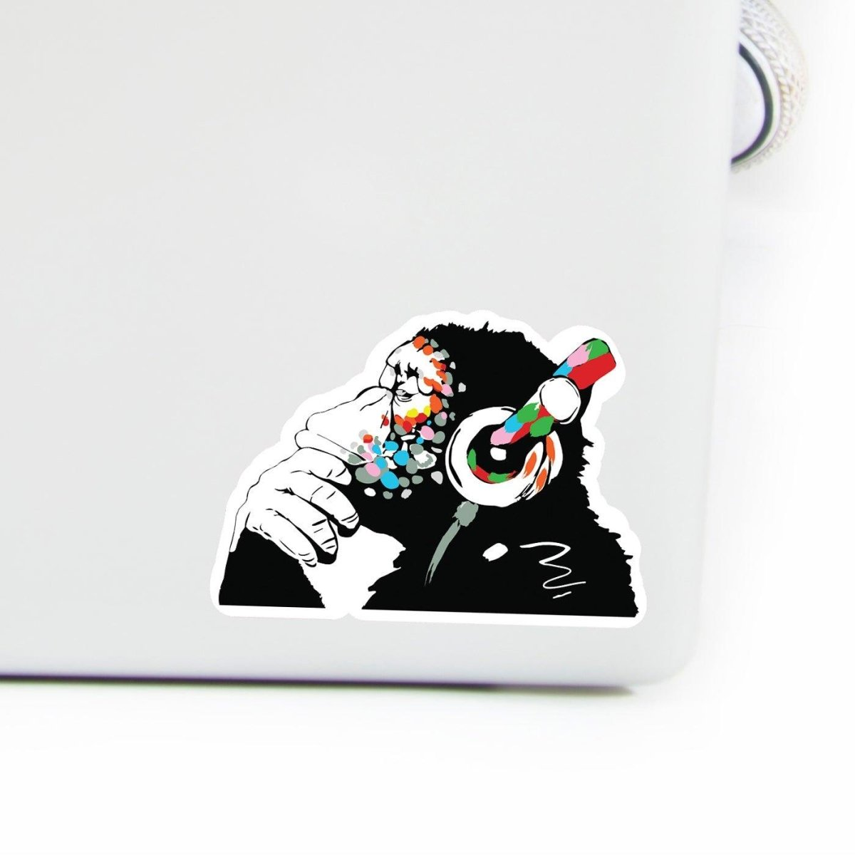Monkey Laptop Vinyl Sticker - Music Graffiti Street Art Decal For Macbook - Chimp In Headphones Banksy Mural Gift - Thinking Dj Waterbottle