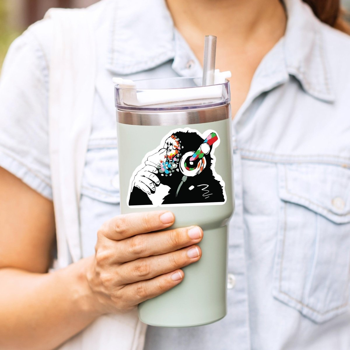 Monkey Laptop Vinyl Sticker - Music Graffiti Street Art Decal For Macbook - Chimp In Headphones Banksy Mural Gift - Thinking Dj Waterbottle