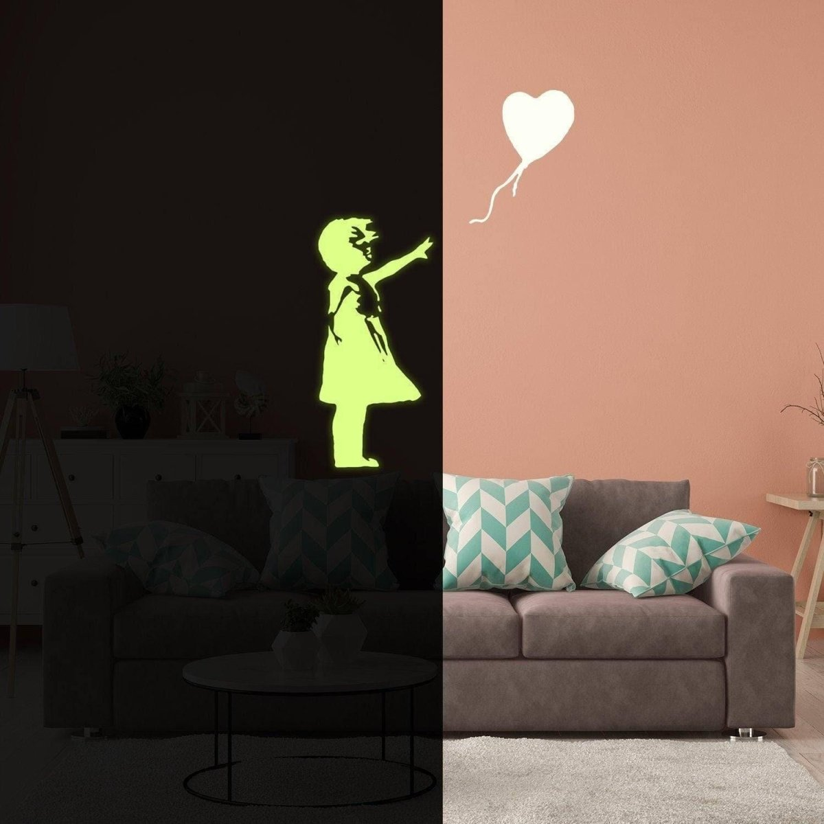 Glow In The Dark Wall Vinyl Sticker Art - Luminescent Neon Night Glowing Light Decal Kid Room Stick - Banksy Girl With Heart Balloon Hope