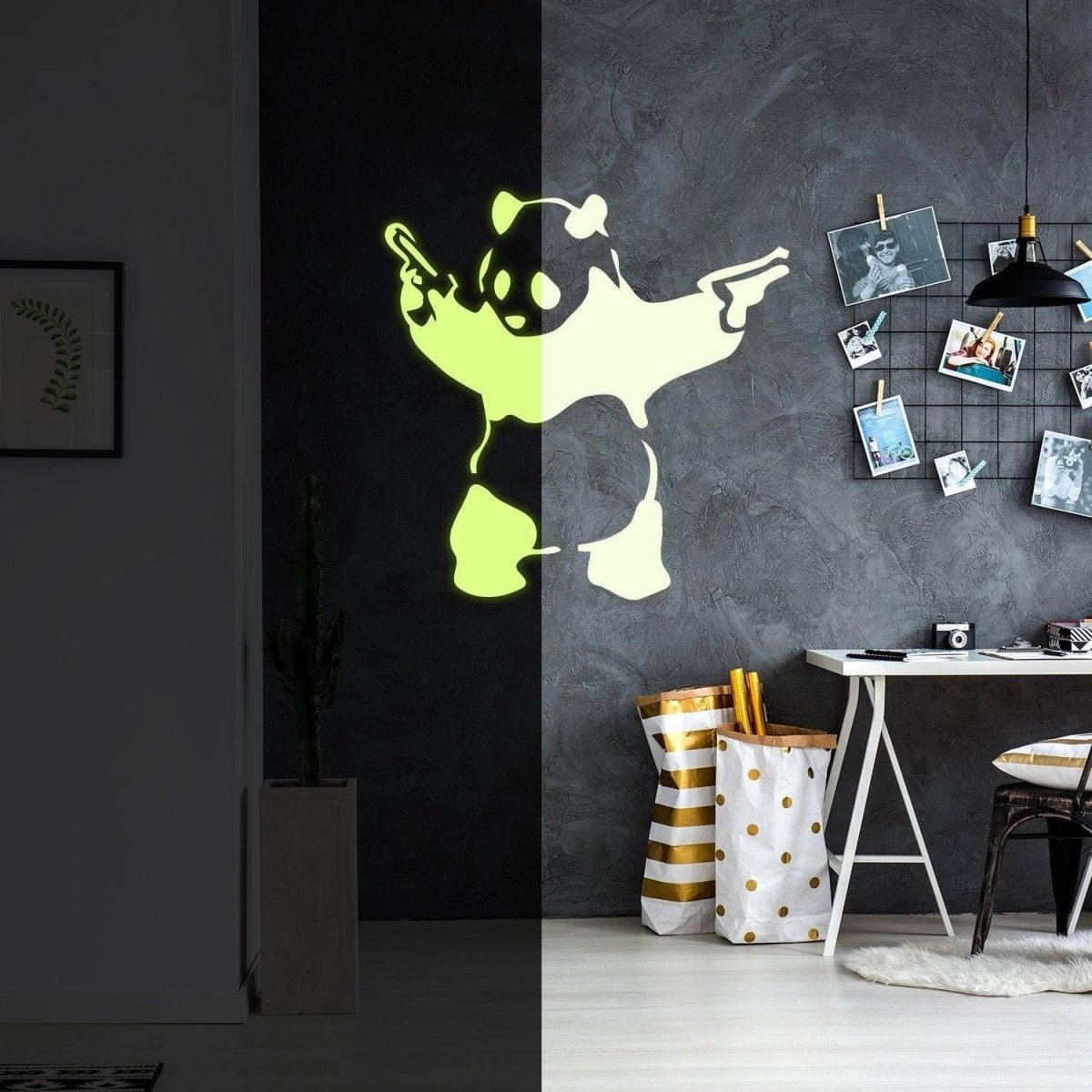 Glow In Dark Banksy Panda With Shooting Guns Wall Sticker - Night Glowing Graffiti Gun Bear Vinyl Decal - Realistic Luminescent Light Ghost