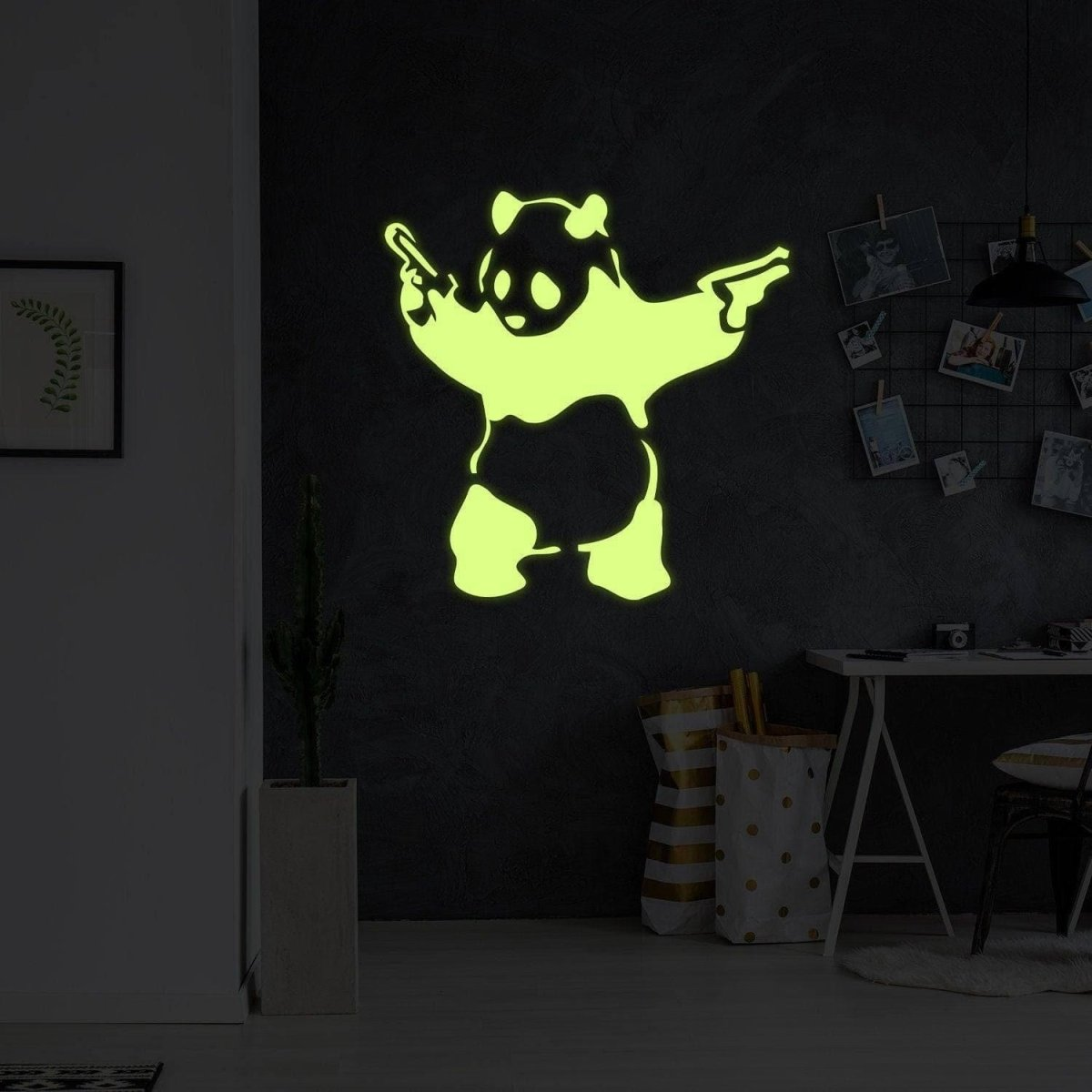 Glow In Dark Banksy Panda With Shooting Guns Wall Sticker - Night Glowing Graffiti Gun Bear Vinyl Decal - Realistic Luminescent Light Ghost