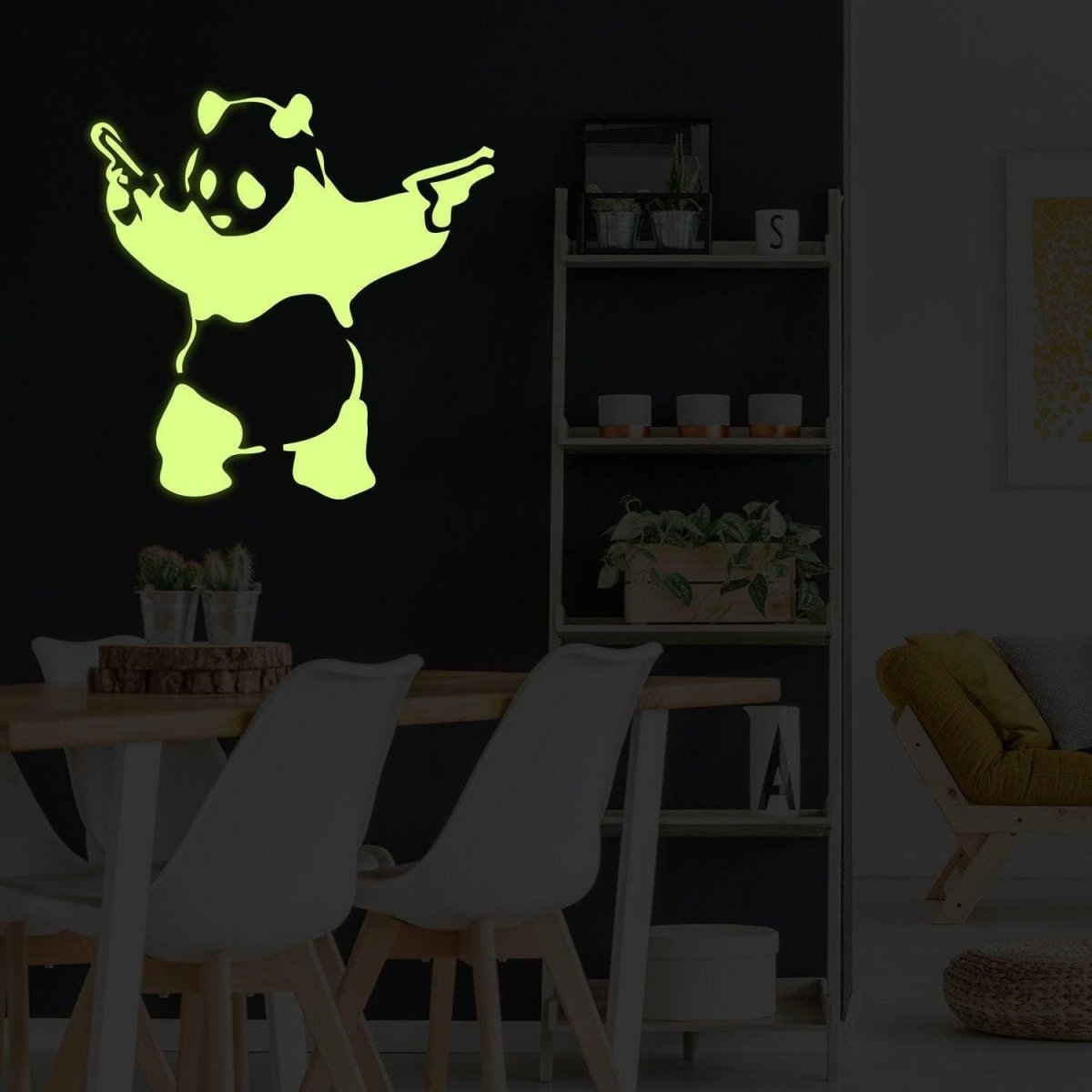 Glow In Dark Banksy Panda With Shooting Guns Wall Sticker - Night Glowing Graffiti Gun Bear Vinyl Decal - Realistic Luminescent Light Ghost