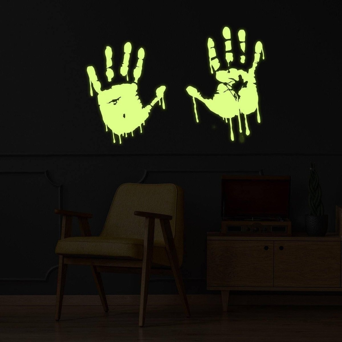 Glow In Dark Bloody Hands Scary Red Vinyl Sticker - Night Glowing Zombie Blood Car Wall Decal Print - Realistic Luminescent Light Ghost