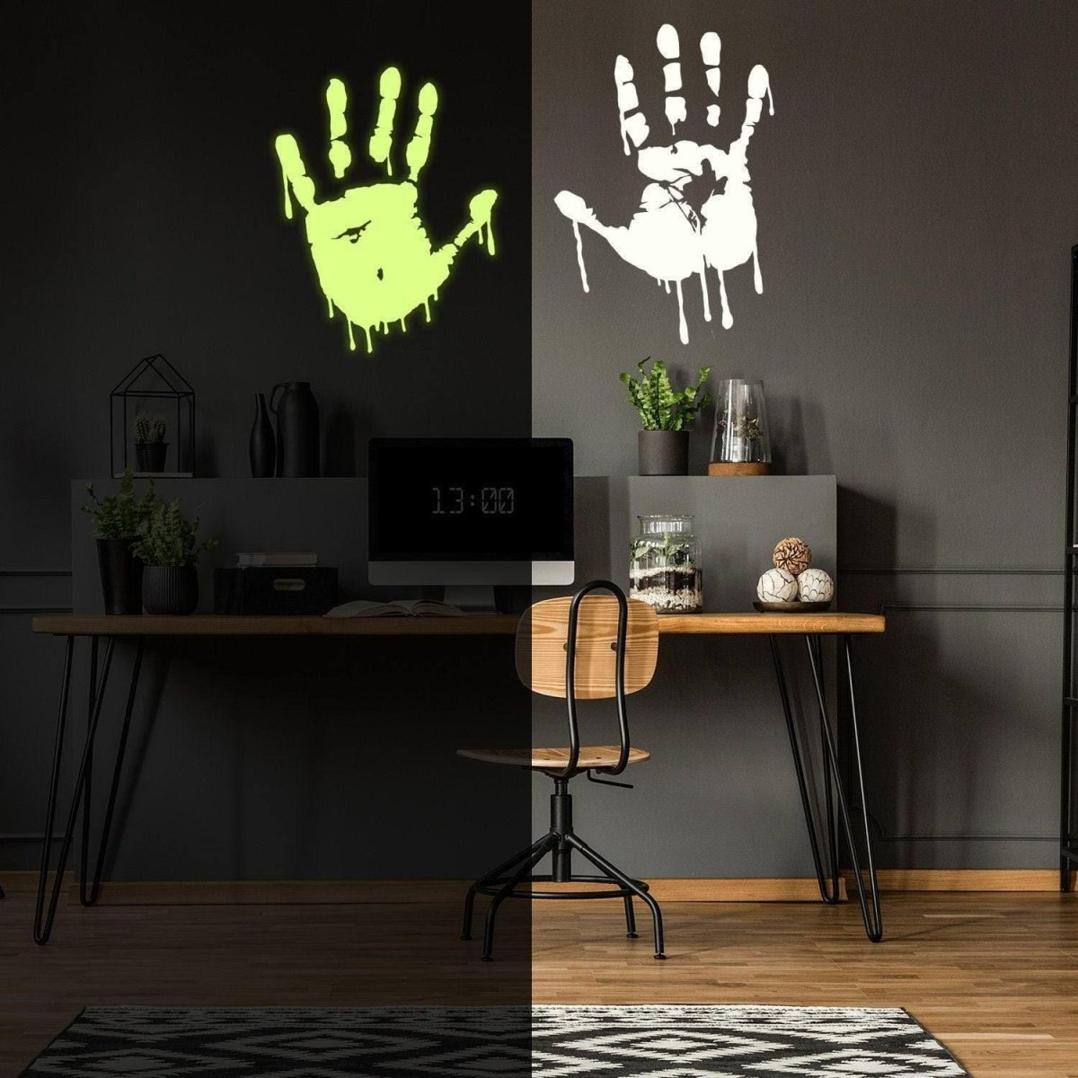 Glow In Dark Bloody Hands Scary Red Vinyl Sticker - Night Glowing Zombie Blood Car Wall Decal Print - Realistic Luminescent Light Ghost