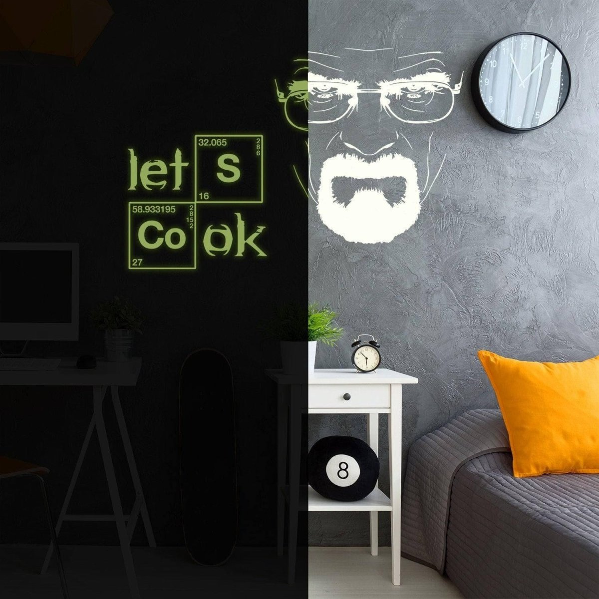 Glow In Dark Lets Cook Breaking Bad Quote Sticker Wall - Night Glowing Kitchen Element Map Science Decal - Realistic Luminescent Light Ghost