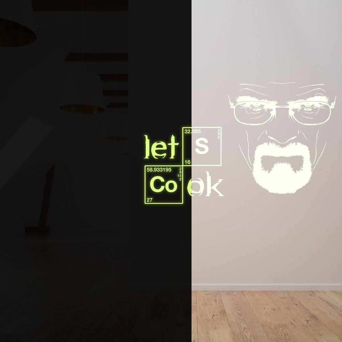 Glow In Dark Lets Cook Breaking Bad Quote Sticker Wall - Night Glowing Kitchen Element Map Science Decal - Realistic Luminescent Light Ghost