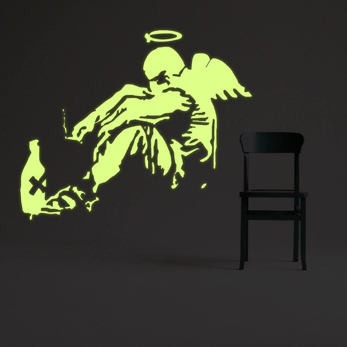 Glow In Dark Banksy Fallen Angel Wall Sticker - Night Glowing Giant Street Graffiti Wings Vinyl Decal - Realistic Luminescent Light Ghost