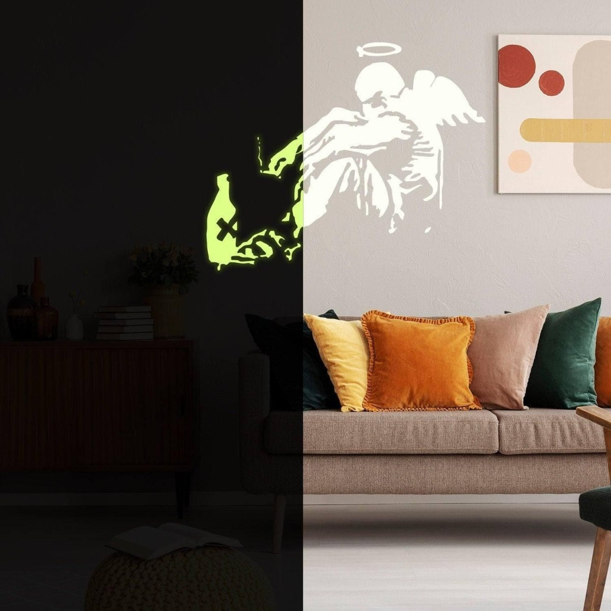 Glow In Dark Banksy Fallen Angel Wall Sticker - Night Glowing Giant Street Graffiti Wings Vinyl Decal - Realistic Luminescent Light Ghost