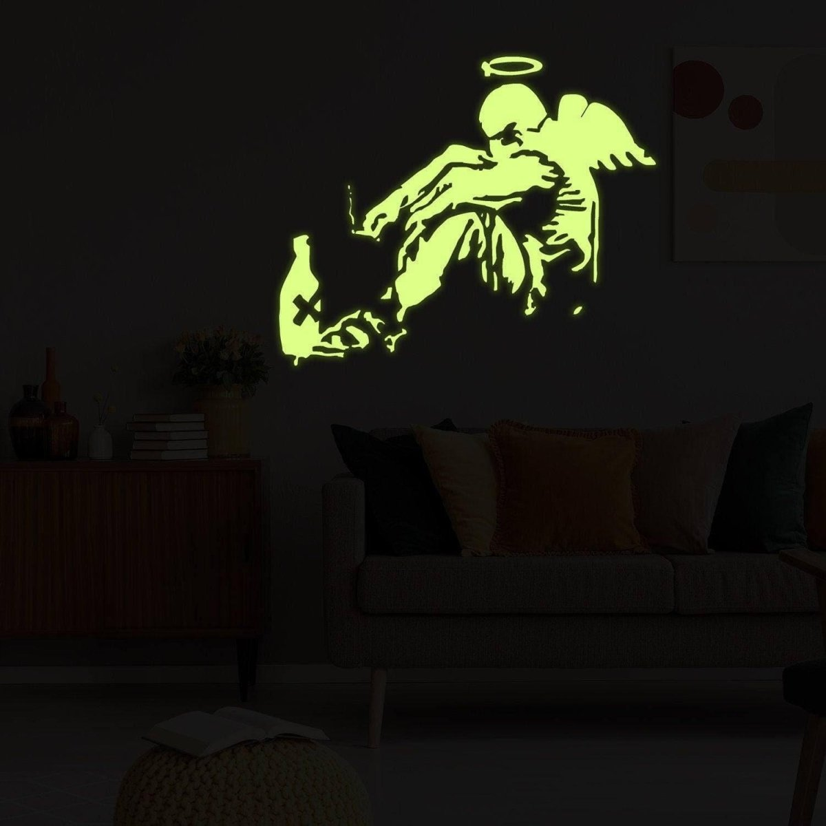 Glow In Dark Banksy Fallen Angel Wall Sticker - Night Glowing Giant Street Graffiti Wings Vinyl Decal - Realistic Luminescent Light Ghost