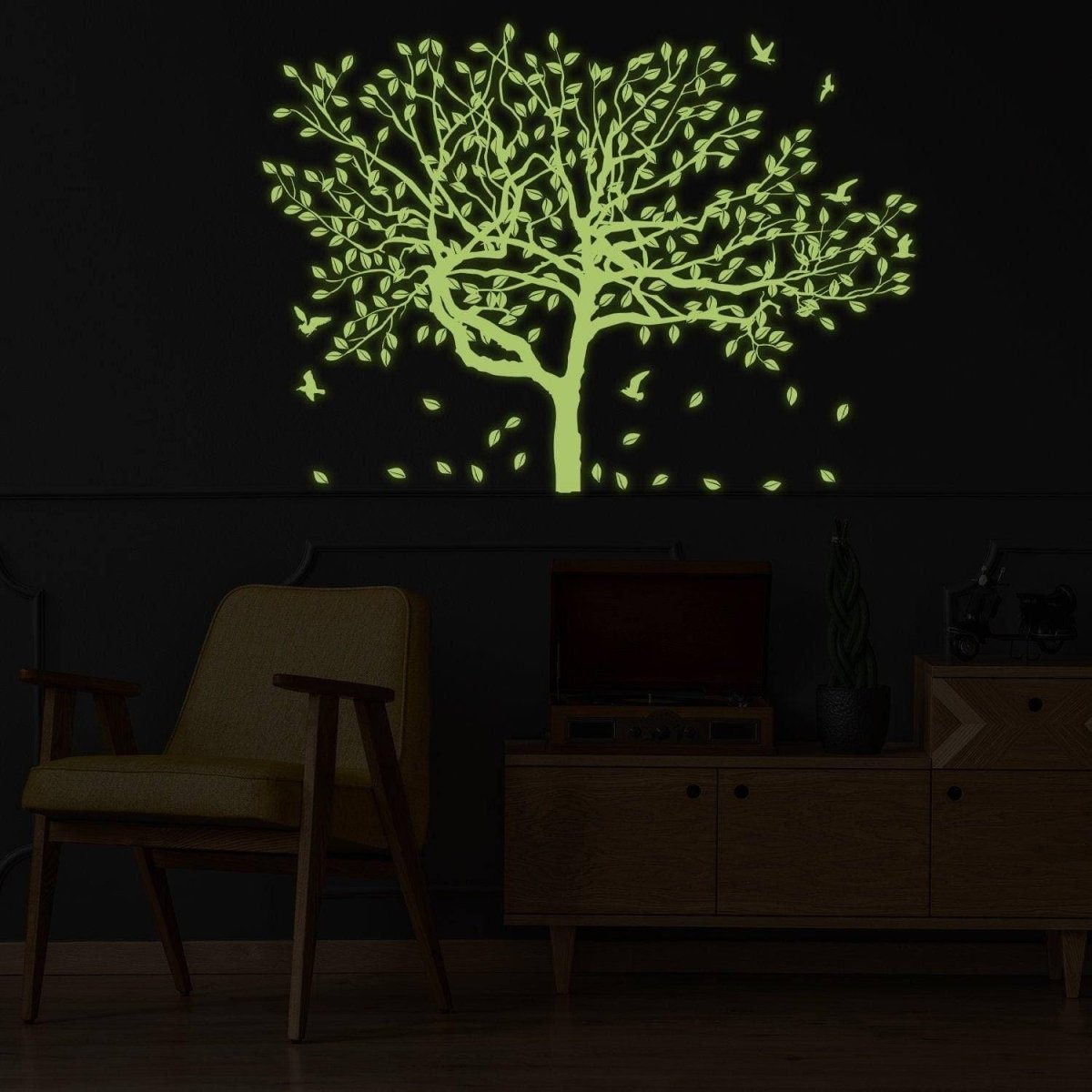 Glow In The Dark Wall Vinyl Sticker Art - Luminescent Neon Night Glowing Light Decal Kid Room Stick - Tree Birch Nature Botanical Forest