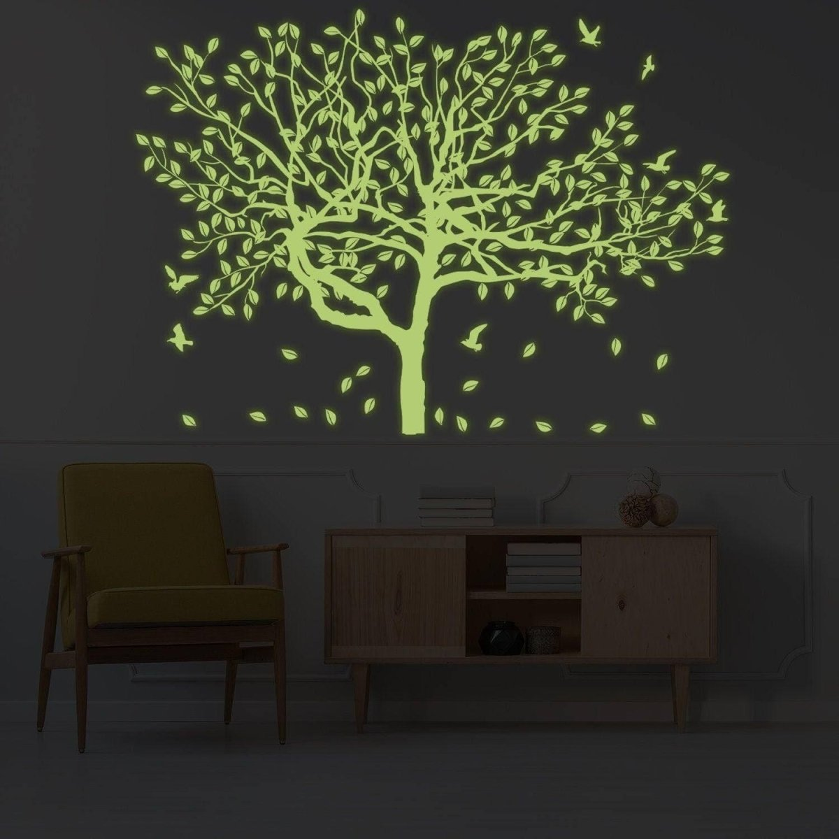 Glow In The Dark Wall Vinyl Sticker Art - Luminescent Neon Night Glowing Light Decal Kid Room Stick - Tree Birch Nature Botanical Forest