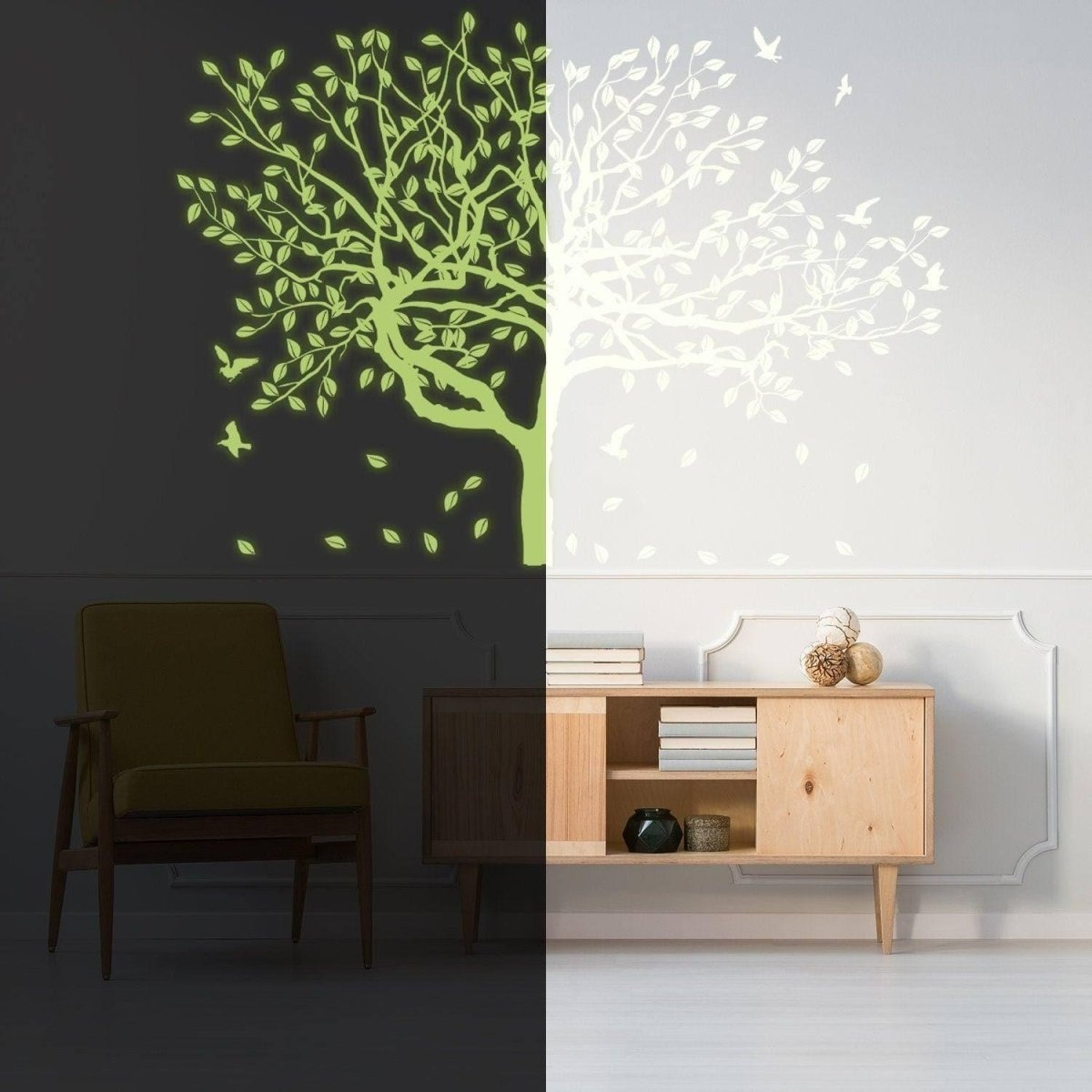 Glow In The Dark Wall Vinyl Sticker Art - Luminescent Neon Night Glowing Light Decal Kid Room Stick - Tree Birch Nature Botanical Forest