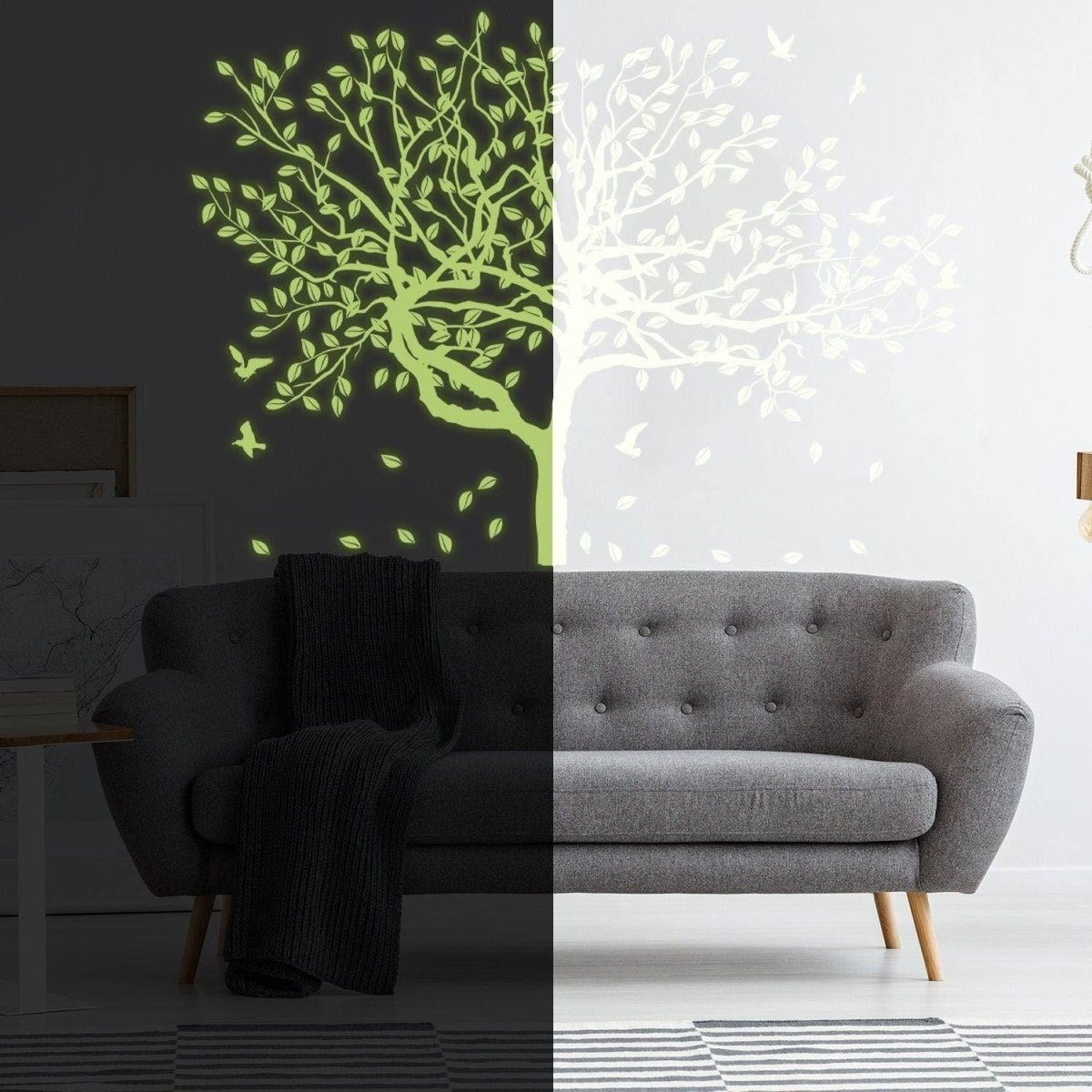 Glow In The Dark Wall Vinyl Sticker Art - Luminescent Neon Night Glowing Light Decal Kid Room Stick - Tree Birch Nature Botanical Forest