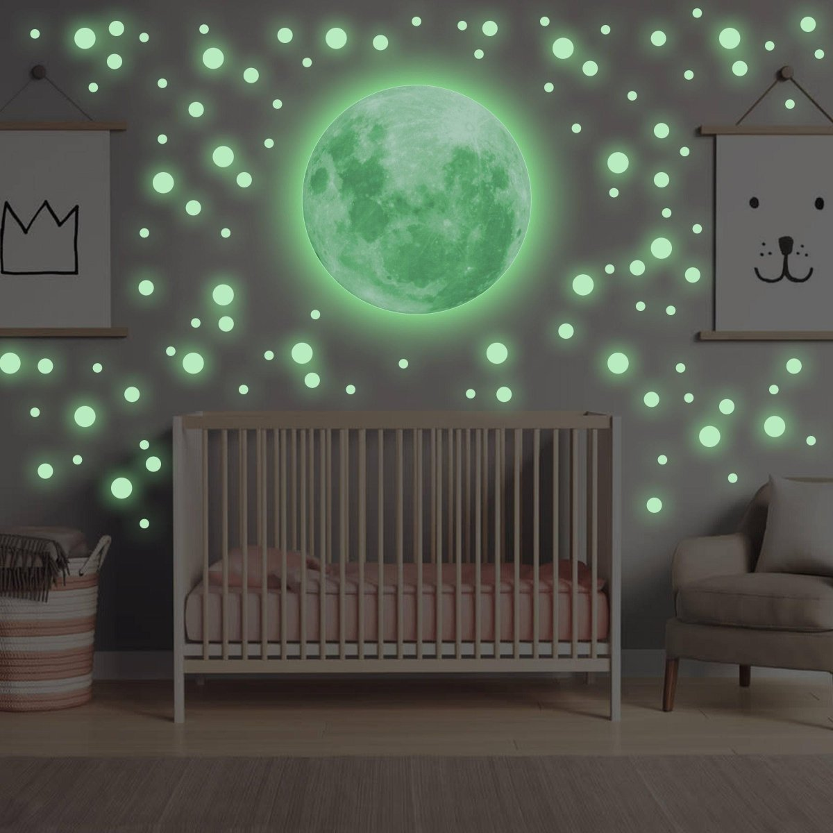 Glow In The Dark Full Moon And Star Wall Sticker - Bedroom Ceiling Decoration Large Glowing Decal - Big Luminous Light For Kid Room Decor