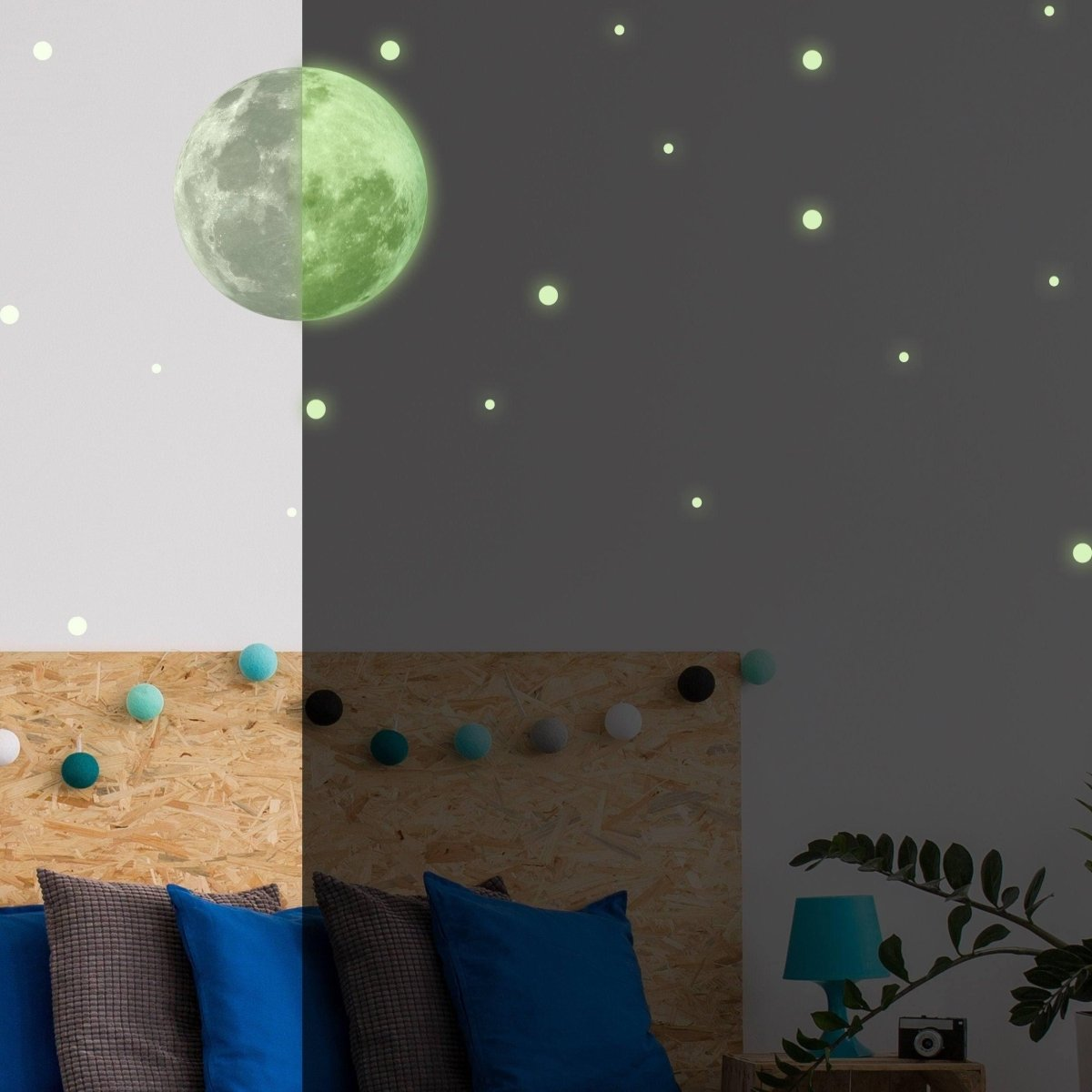 Glow In The Dark Full Moon And Star Wall Sticker - Bedroom Ceiling Decoration Large Glowing Decal - Big Luminous Light For Kid Room Decor
