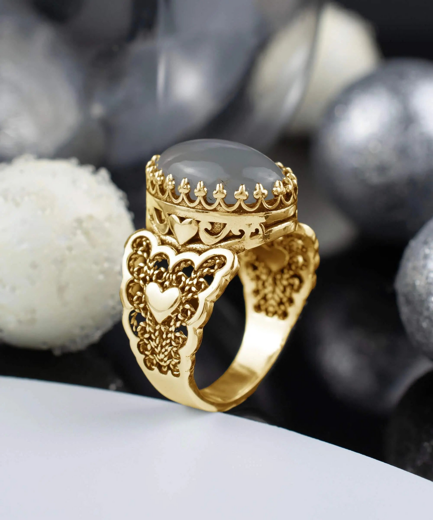 Double Heart Detailed Gray Moonstone Gemstone Filigree Art Gold Plated Sterling Silver Women Statement Ring