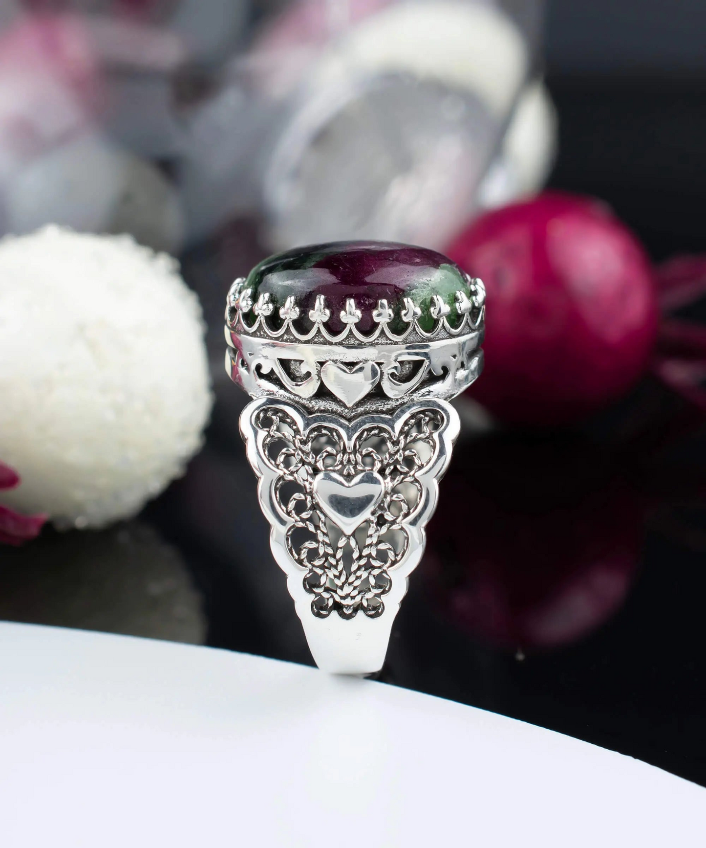 Ruby Zoisite Gemstone Double Heart Detailed Filigree Art 925 Sterling Silver Women Statement Ring