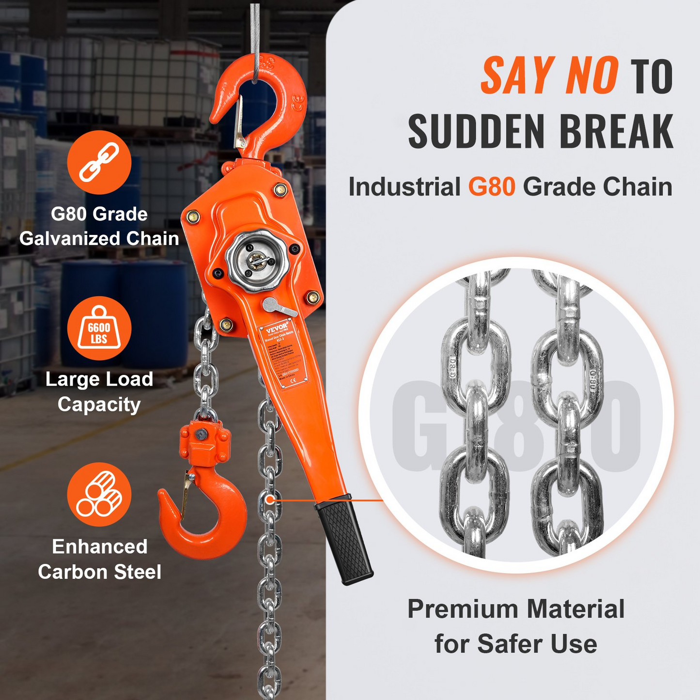VEVOR Manual Lever Chain Hoist, 3 Ton 6600 lbs Capacity 10 FT Come Along, G80 Galvanized Carbon Steel with Weston Double-Pawl Brake, Auto Chain Leading & 360° Rotation Hook, for Garage Factory Dock