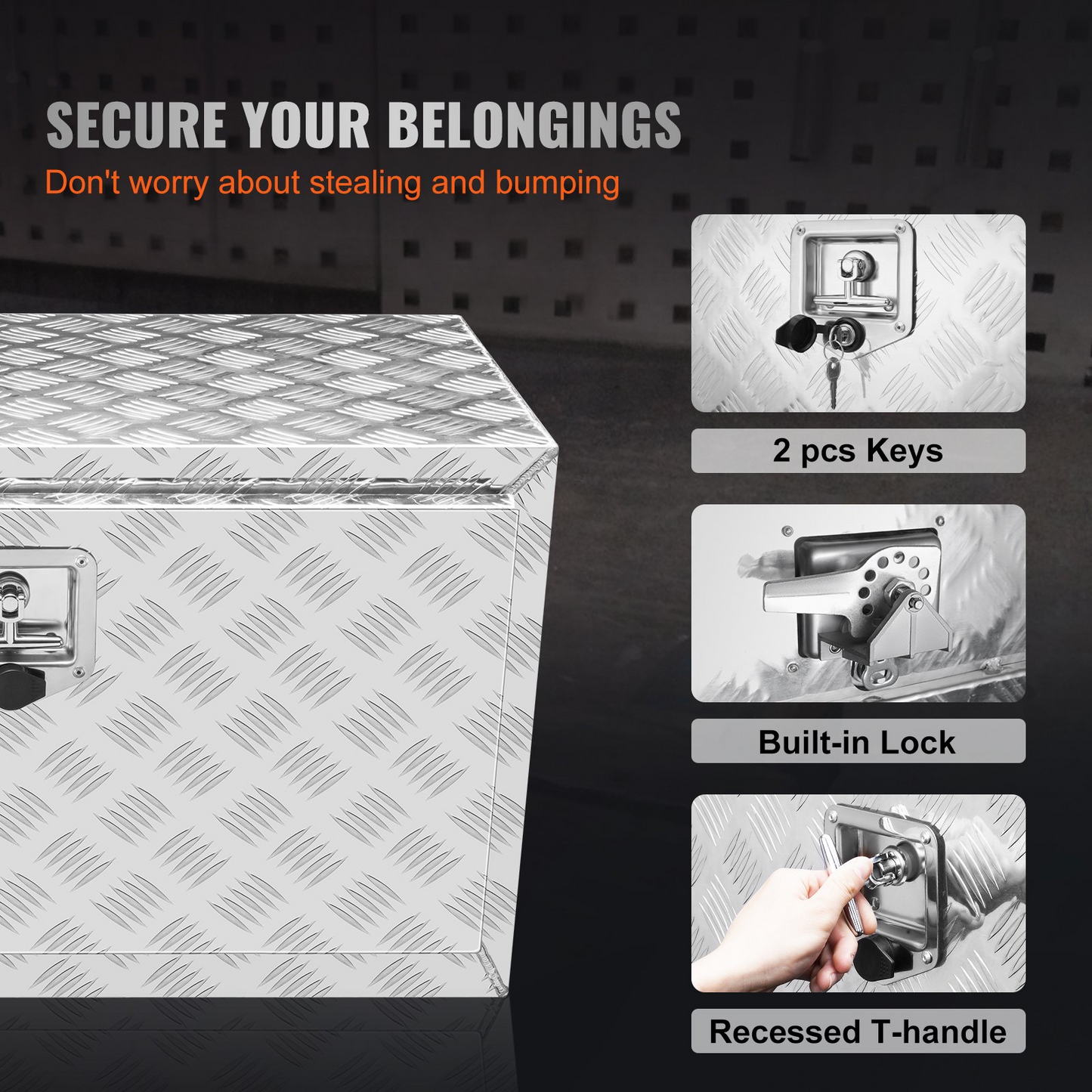 VEVOR Underbody Truck Box, 30"×17"×18" Pickup Storage Box, Heavy Duty Aluminum Diamond Plate Tool Box with Lock and Keys, Waterproof Trailer Storage Box with T-Handle Latch for Truck, Van, Trailer