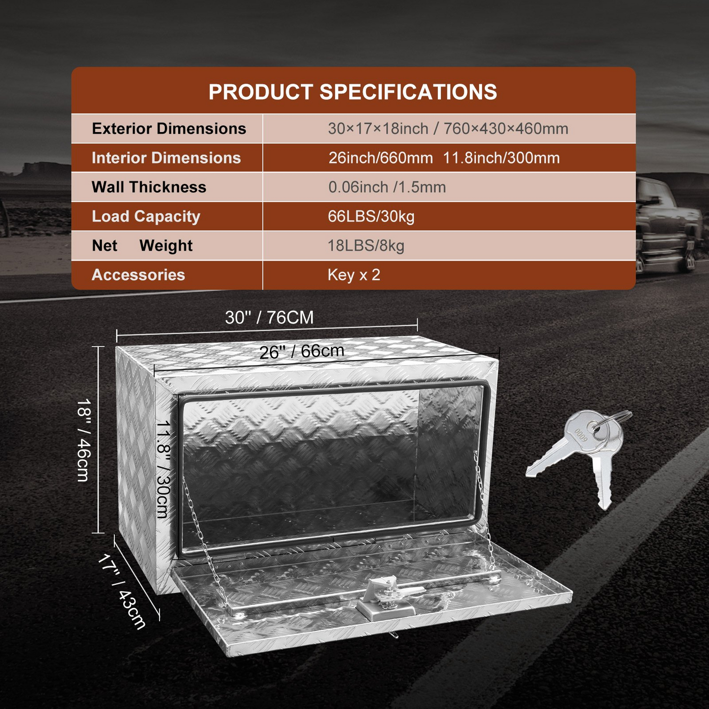 VEVOR Underbody Truck Box, 30"×17"×18" Pickup Storage Box, Heavy Duty Aluminum Diamond Plate Tool Box with Lock and Keys, Waterproof Trailer Storage Box with T-Handle Latch for Truck, Van, Trailer