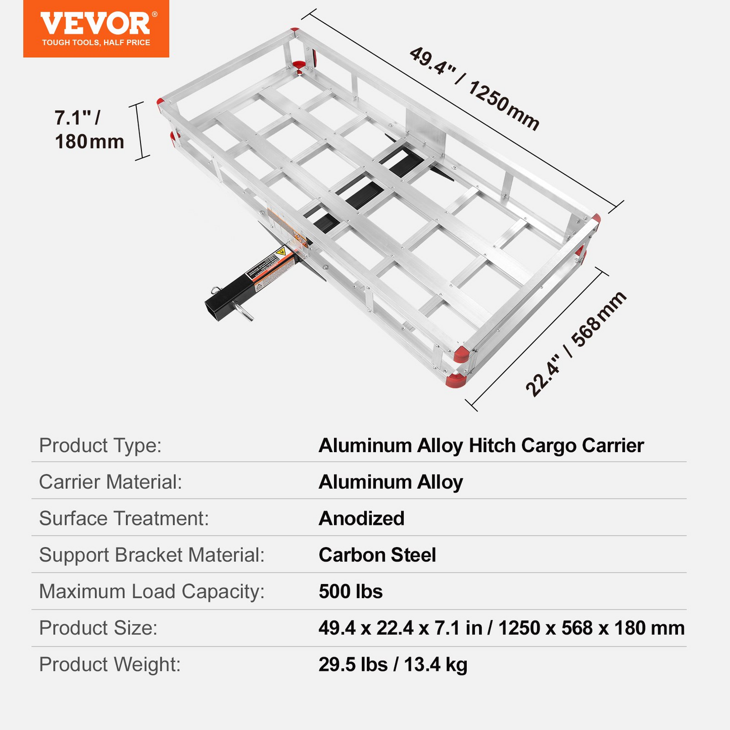 VEVOR 49.4 x 22.4 x 7.1 in Hitch Cargo Carrier, 500lbs Loading Capacity Trailer Hitch Mounted Cargo Basket, Rust-proof Aluminum Luggage Carrier Rack Fits 2" Hitch Receiver for SUV Truck Pickup Camping
