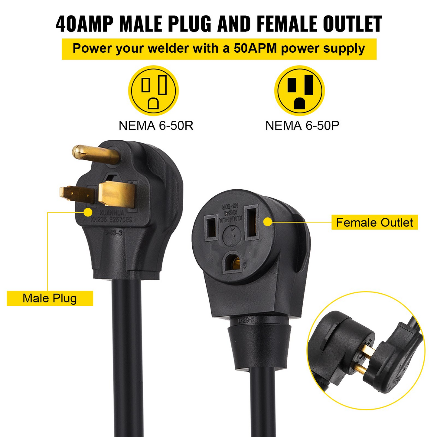 VEVOR Welder Extension Cord 40Amp 50ft 250V, Welding Power Cord with NEMA 6-50 Plug 8 Gauge 3 Prong for MIG,Lincoln,Plasma,Miller,TIG