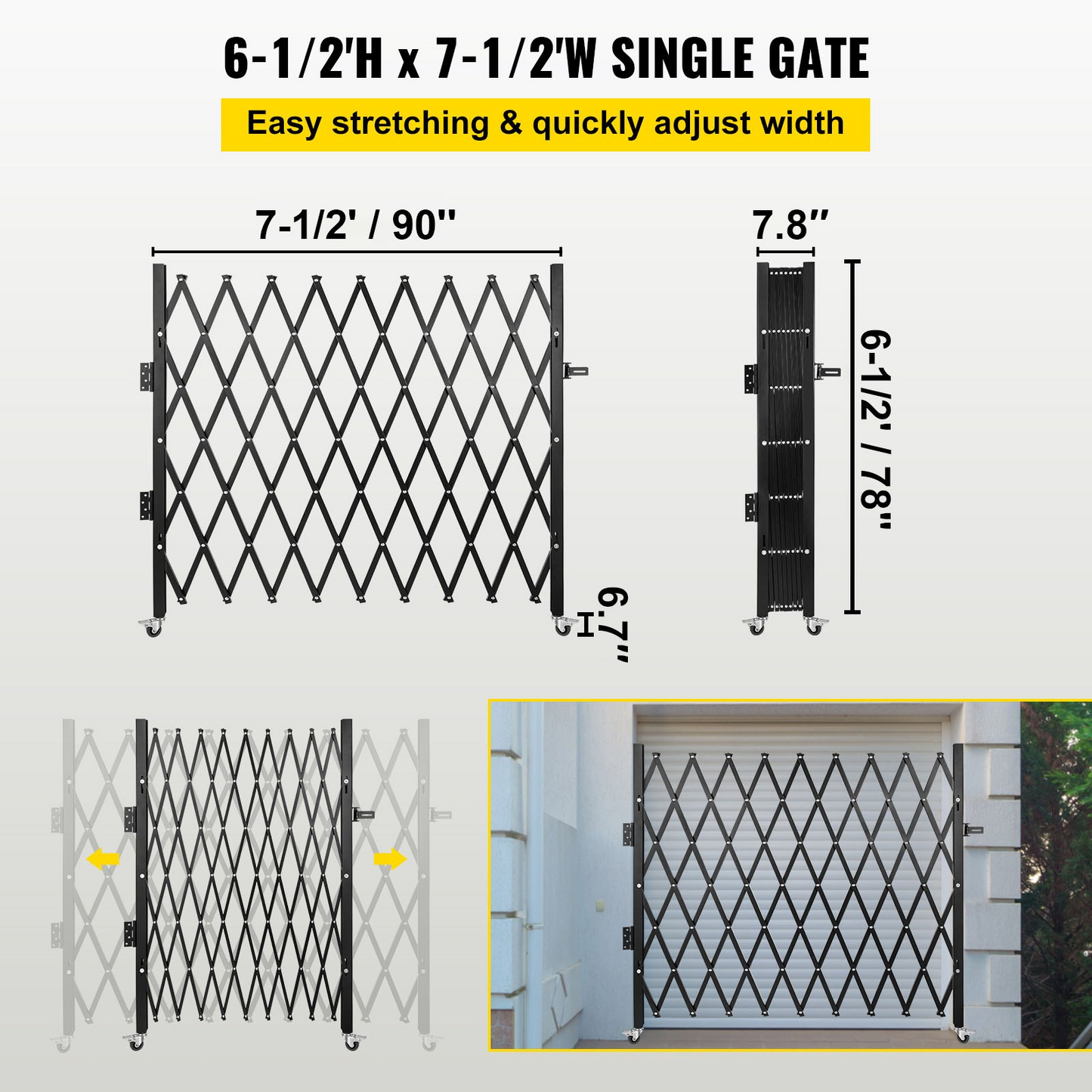 VEVOR Single Folding Security Gate, 6-1/2' H x 7-1/2' W Folding Door Gate, Steel Accordion Security Gate, Flexible Expanding Security Gate, 360° Rolling Barricade Gate, Scissor Gate/Door with Padlock