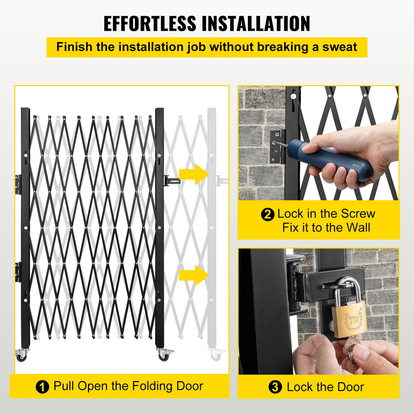 VEVOR Single Folding Security Gate, 6-1/2' H x 7-1/2' W Folding Door Gate, Steel Accordion Security Gate, Flexible Expanding Security Gate, 360° Rolling Barricade Gate, Scissor Gate/Door with Padlock