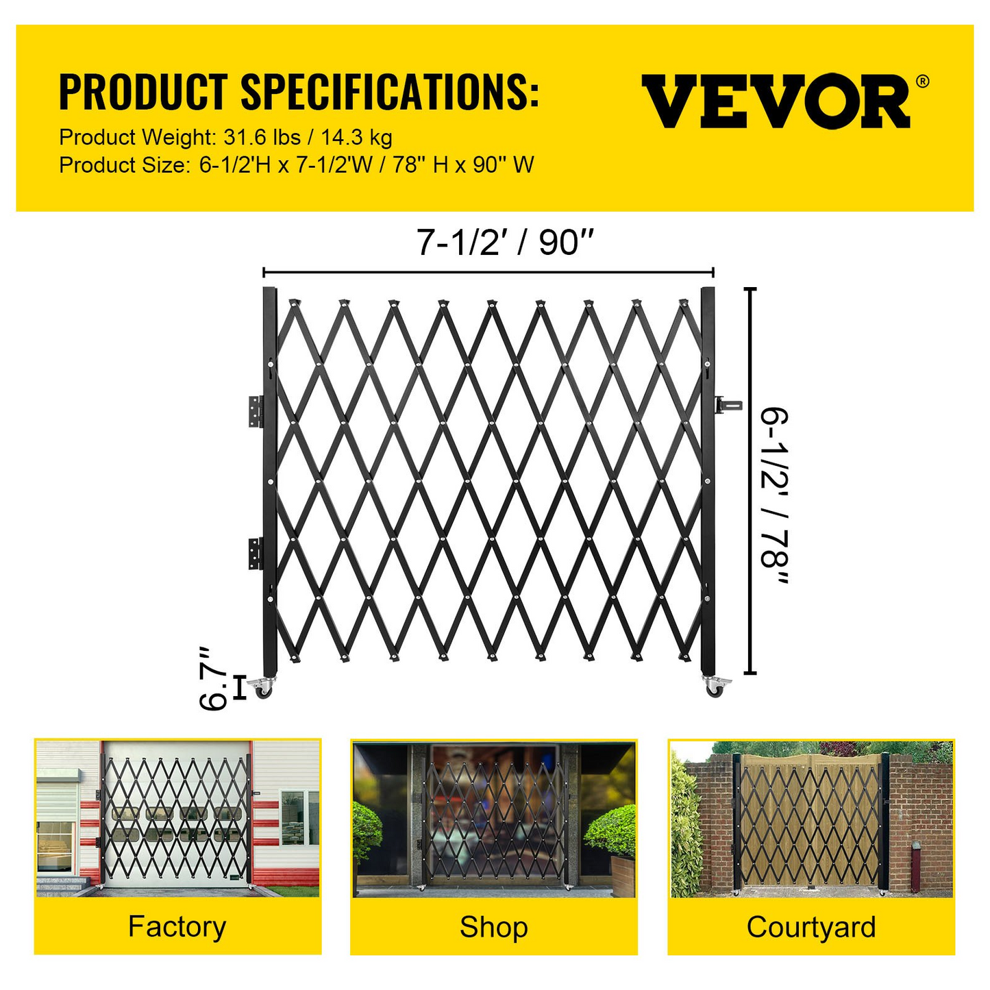 VEVOR Single Folding Security Gate, 6-1/2' H x 7-1/2' W Folding Door Gate, Steel Accordion Security Gate, Flexible Expanding Security Gate, 360° Rolling Barricade Gate, Scissor Gate/Door with Padlock