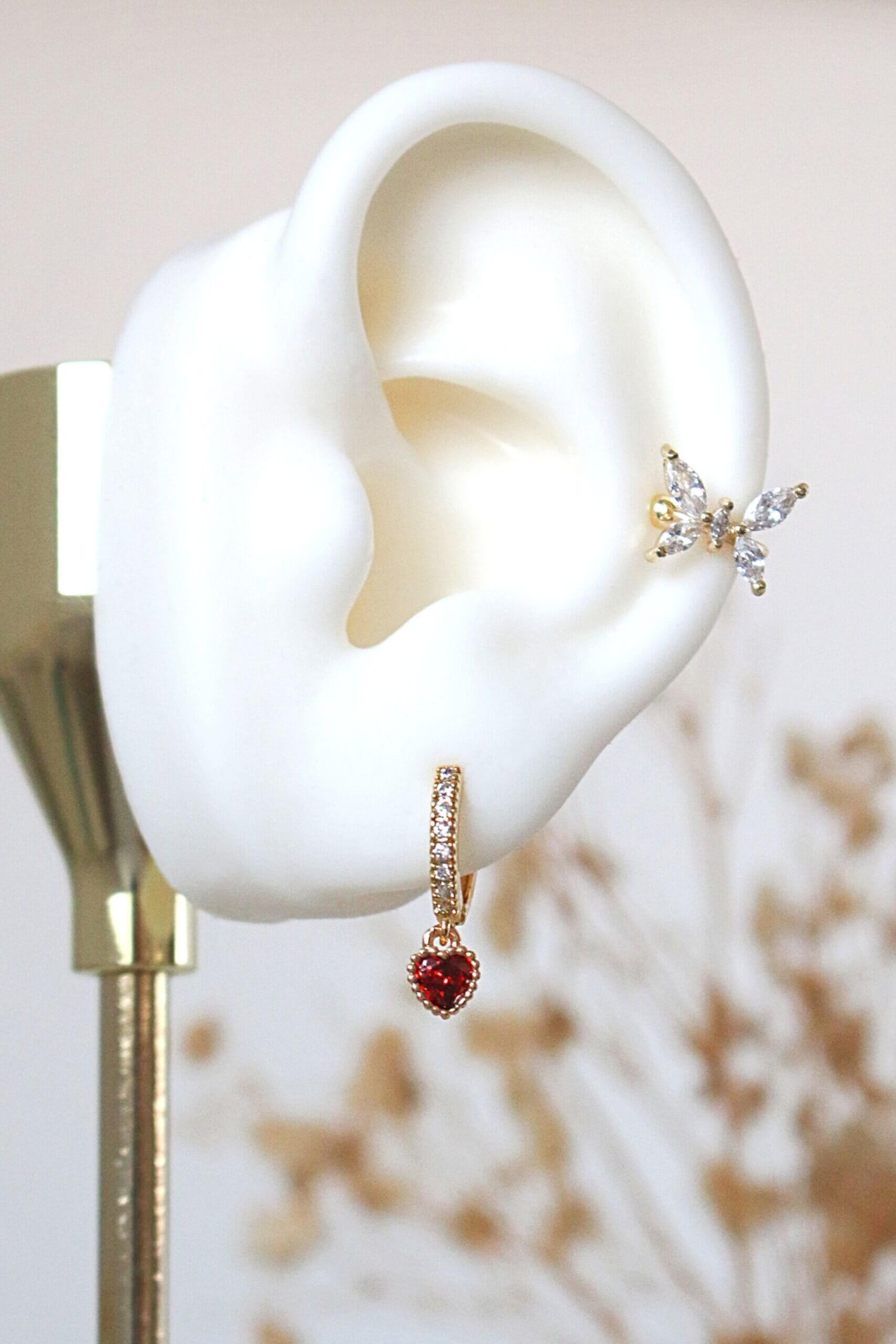 Darling | 24K Red CZ Heart Hoop Earrings