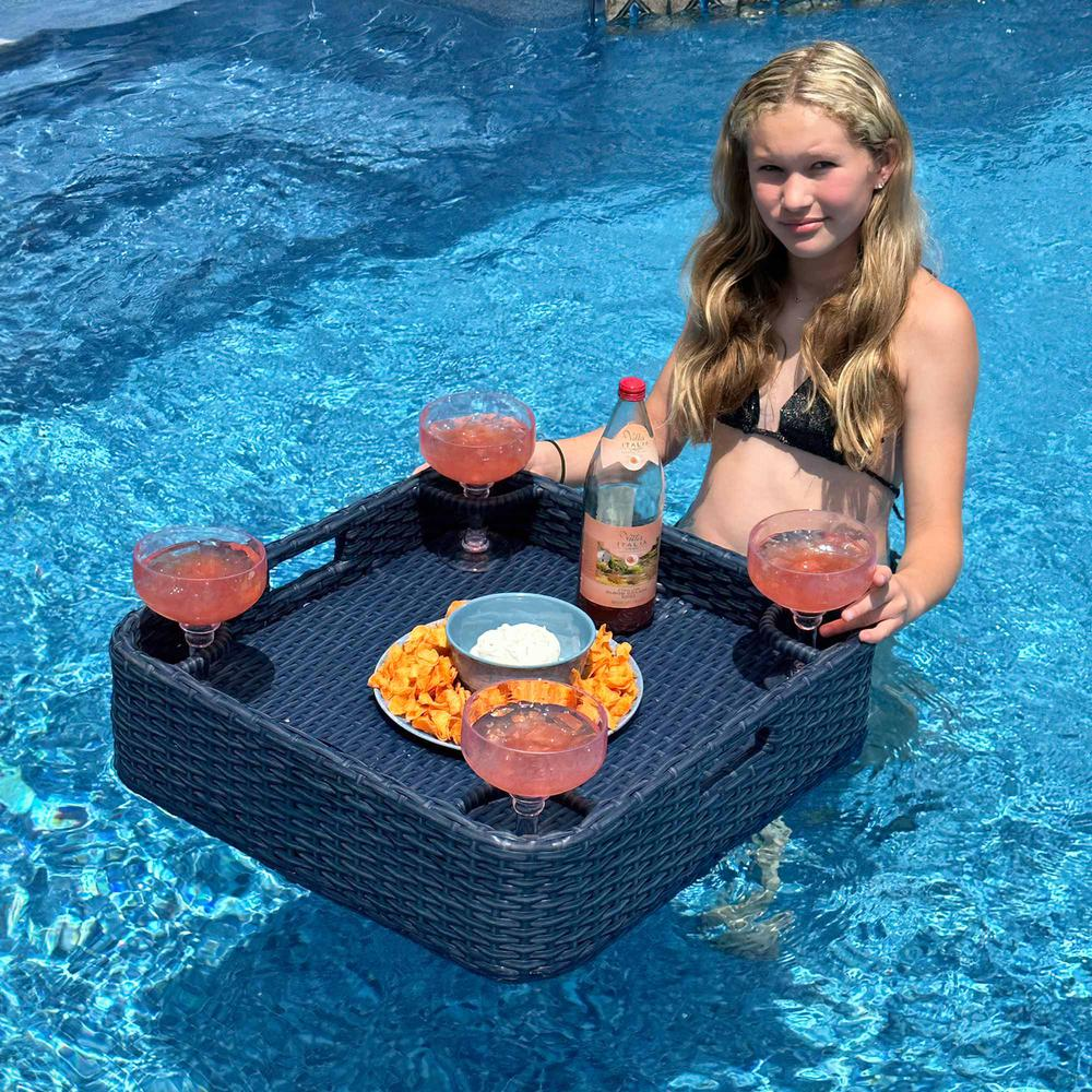 Wicker Floating Pool Tray Durable & Sturdy Aluminum Frame Pool Accessory Tray
