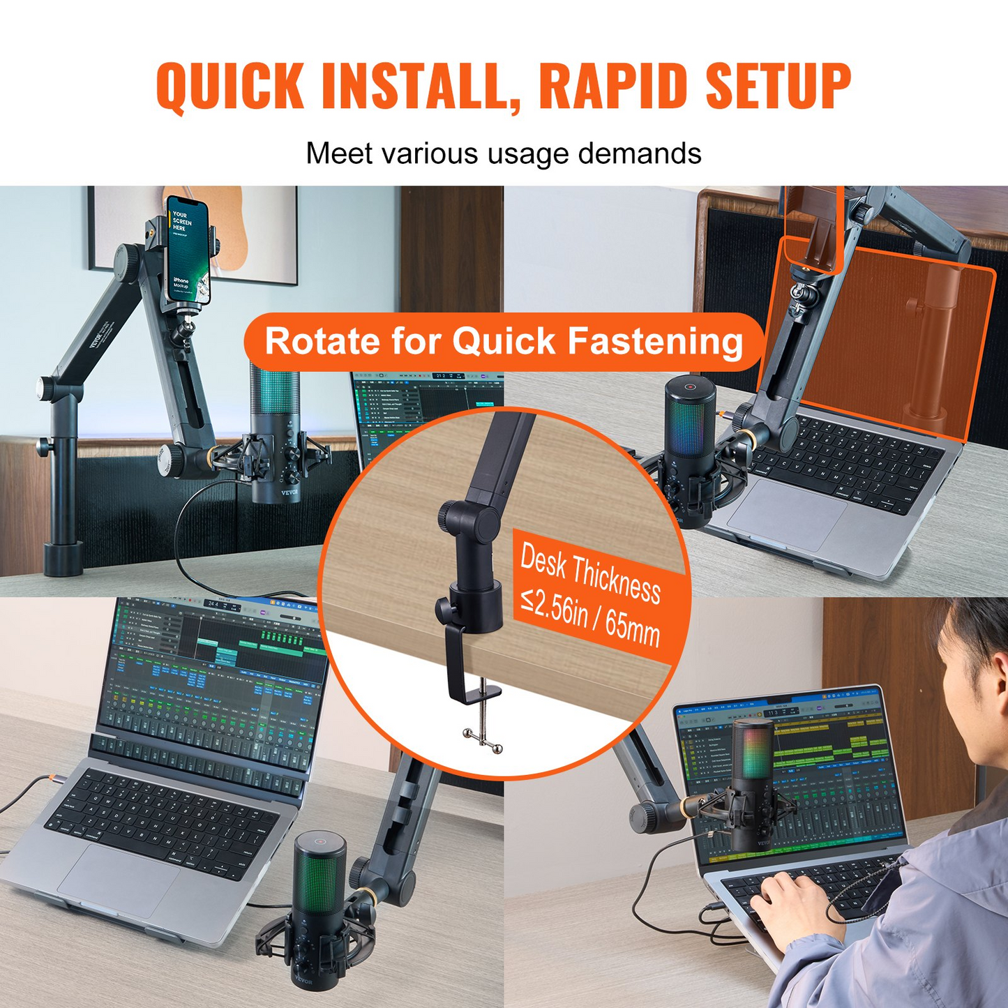 VEVOR Microphone Boom Arm with Desk Mount, 360° Rotatable, Adjustable Mic Stand with 3/8" to 5/8" Adapter Port Headset Hook, for Blue Yeti Hyperx Quadcast Blue Snowball Shure SM7B Audio Technica