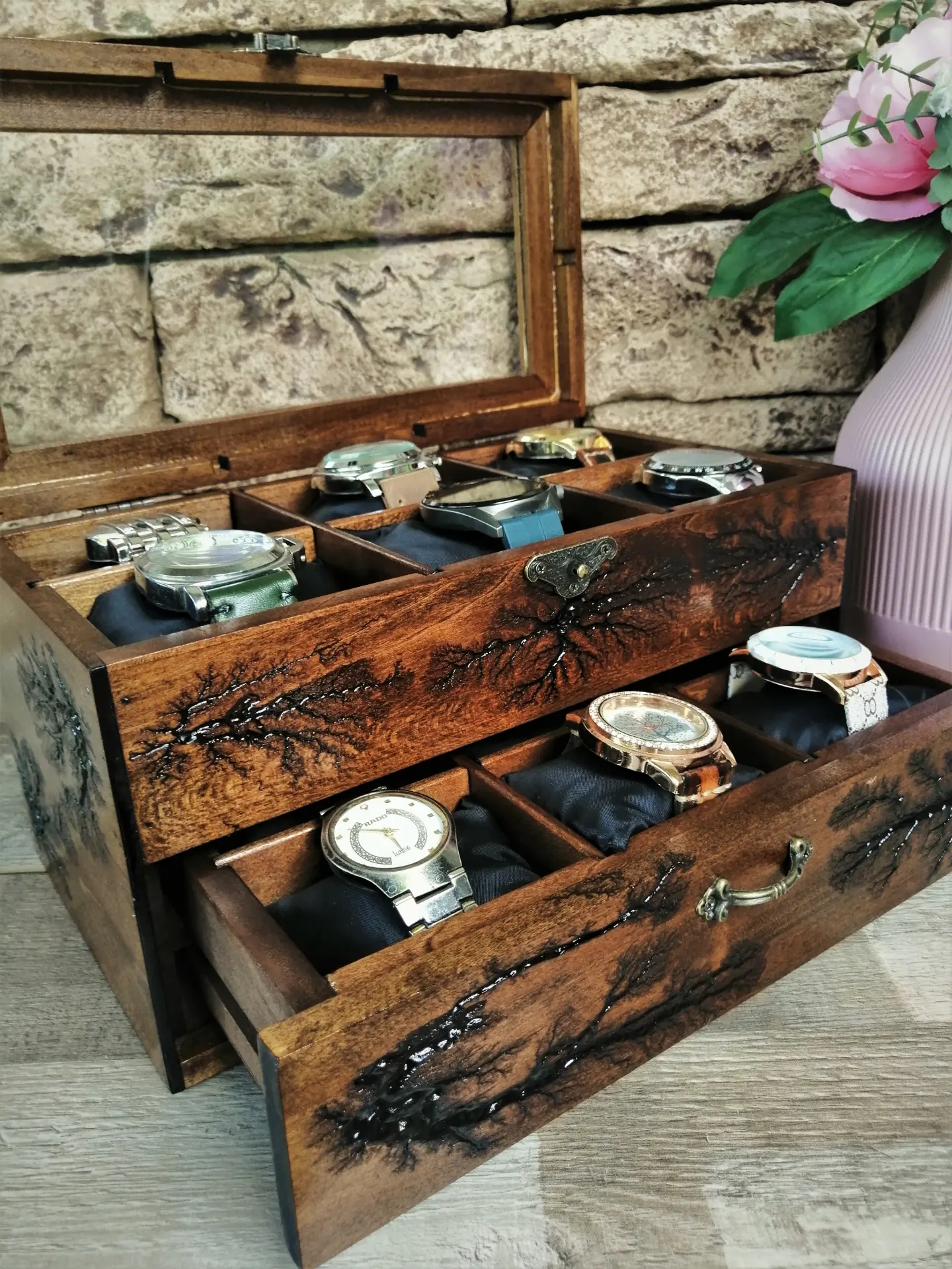 Wood Watch Box 12 Slots Lichtenberg Figure