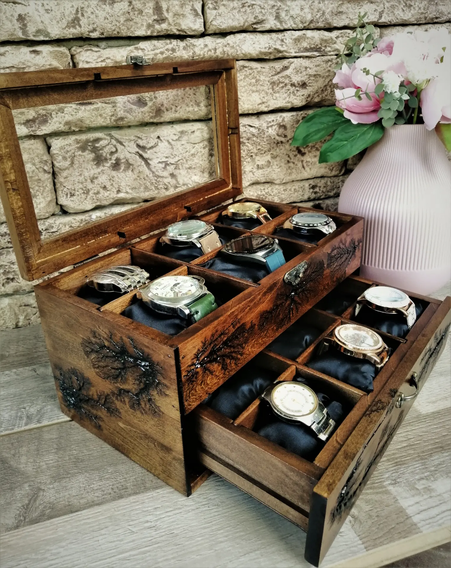 Wood Watch Box 12 Slots Lichtenberg Figure