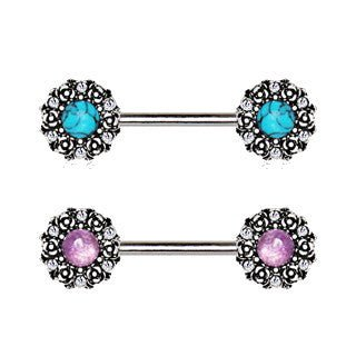 316L Stainless Steel Medieval Rose Nipple Bar Set with Stone Inlay