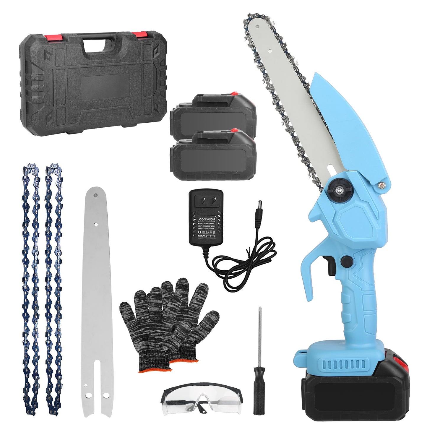 1Set Electric Mini Chainsaw Portable Handheld Cordless Small Chain Saw Battery Powered With 2Pcs 1200mAh Rechargeable Batteries 8in Chains Gloves Goggles For Pruning Trees Wood Cutting