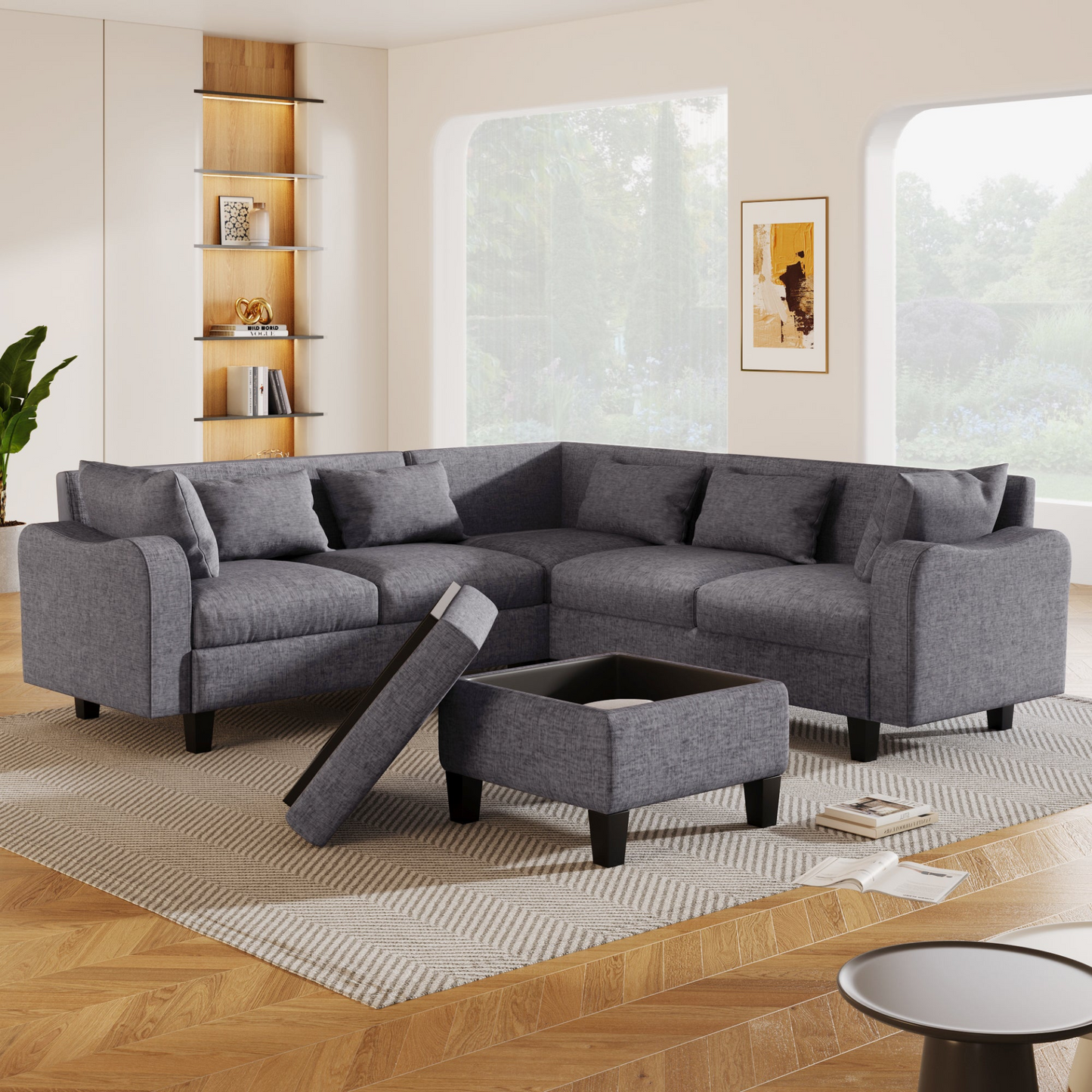 87" Modern Sectional Sofa with coffee table,6-Seat Couch Set with Storage Ottoman,Various Combinations,L-Shape Indoor Furniture with Unique Armrests for Living Room,Apartment, 2 Colors(6 pillows)