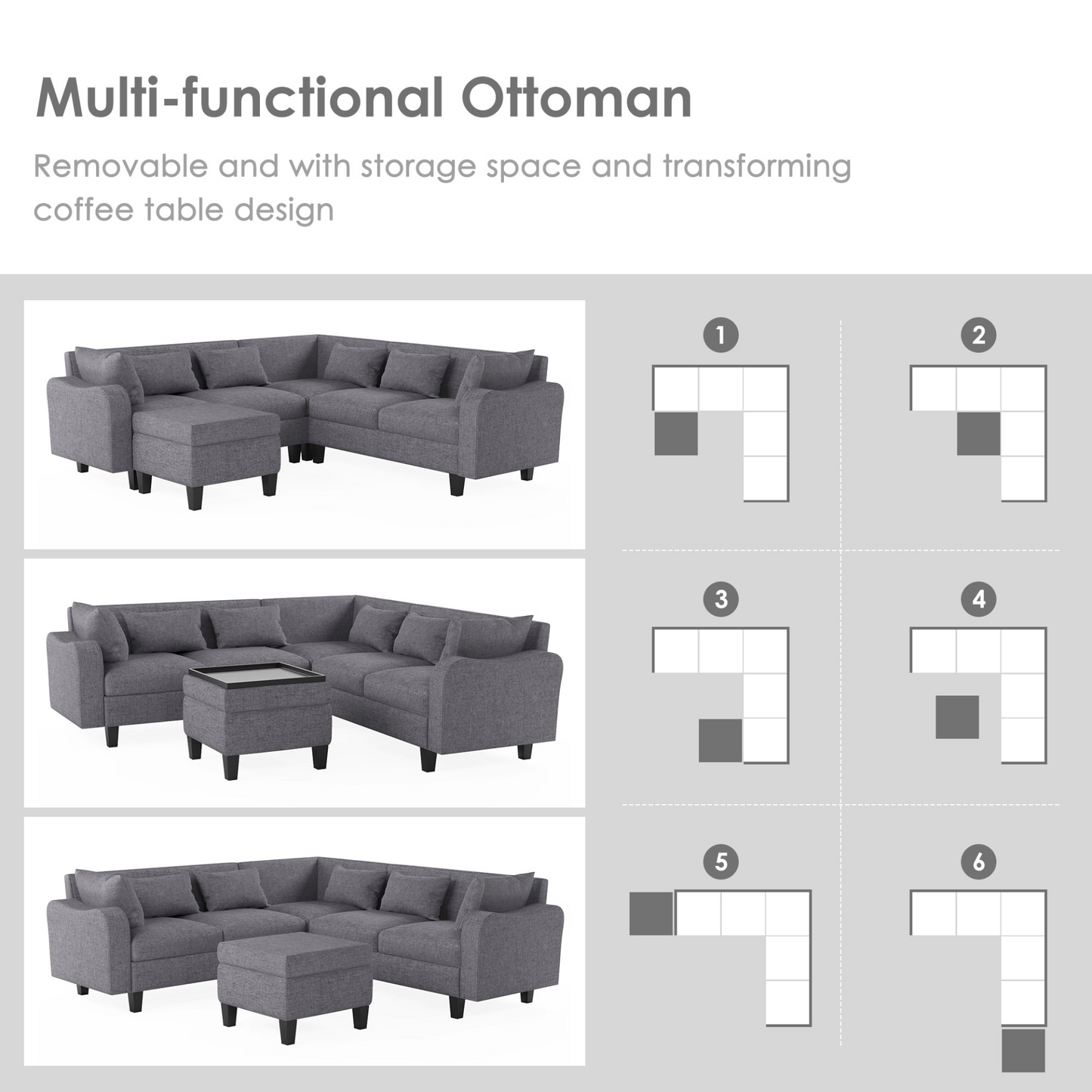 87" Modern Sectional Sofa with coffee table,6-Seat Couch Set with Storage Ottoman,Various Combinations,L-Shape Indoor Furniture with Unique Armrests for Living Room,Apartment, 2 Colors(6 pillows)