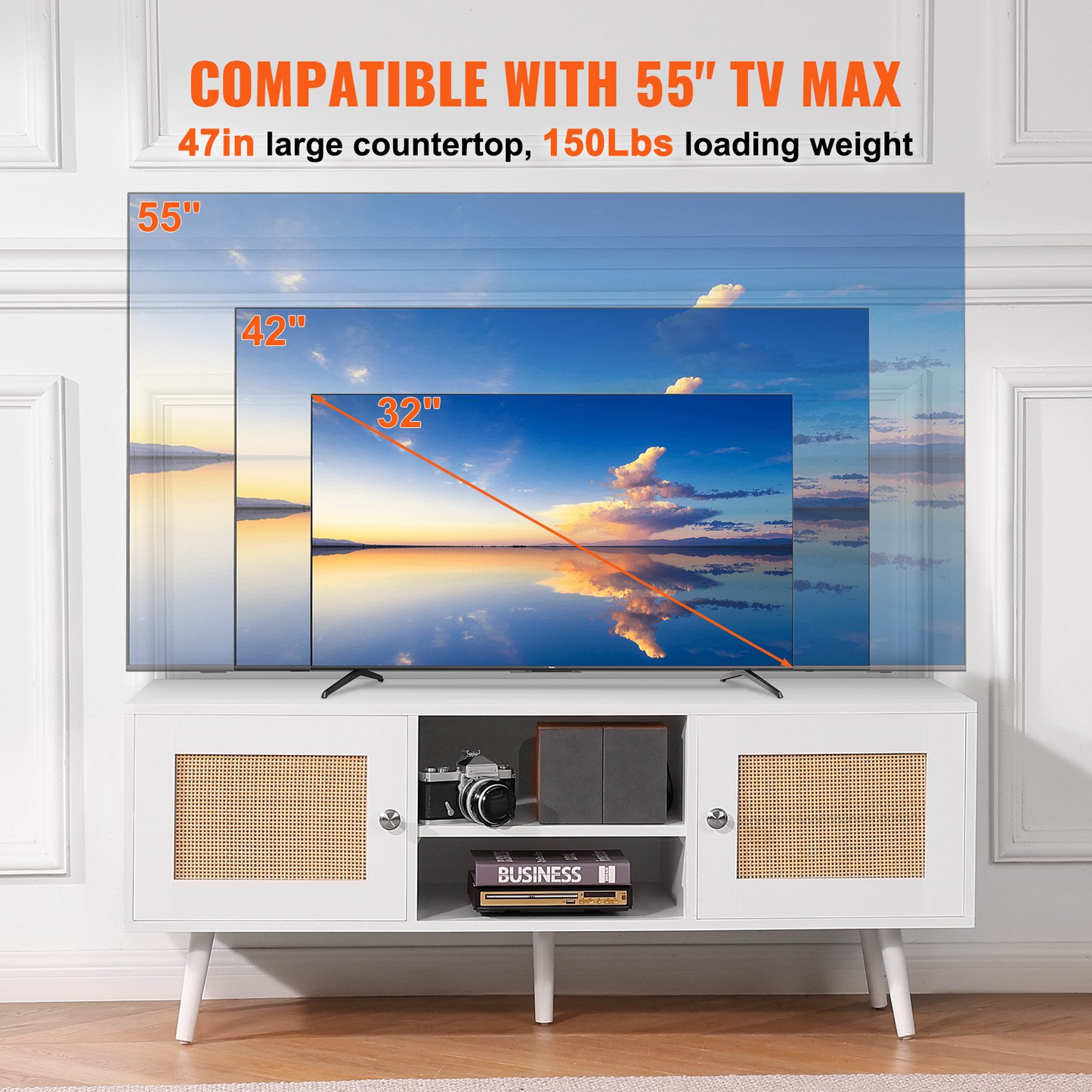 VEVOR Rattan TV Stand, Boho TV Cabinet for 55 inch TV, Mid Century Modern TV Stand, Rattan TV Console with Adjustable Shelfs for Living Room, Media Room, White