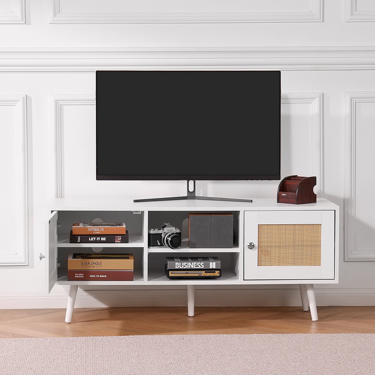 VEVOR Rattan TV Stand, Boho TV Cabinet for 55 inch TV, Mid Century Modern TV Stand, Rattan TV Console with Adjustable Shelfs for Living Room, Media Room, White