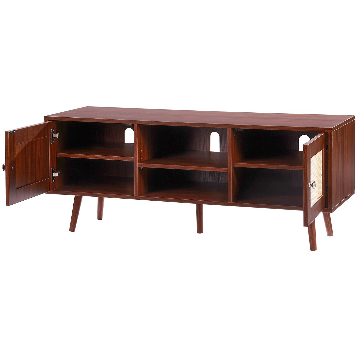 VEVOR Rattan TV Stand, Boho TV Cabinet for 55 inch TV, Mid Century Modern TV Stand, Rattan TV Console with Adjustable Shelfs for Living Room, Media Room, Walnut