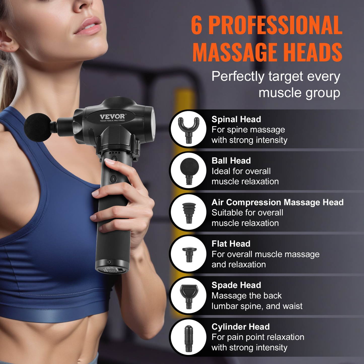 VEVOR Massage Gun Deep Tissue with 9 Speed Levels & 6 Massage Heads, 24V 2500mAh Batteries, Percussion Muscle Massager for Athletes, Handheld Electric Massage Gun for Pain Relief, Muscle Relaxation