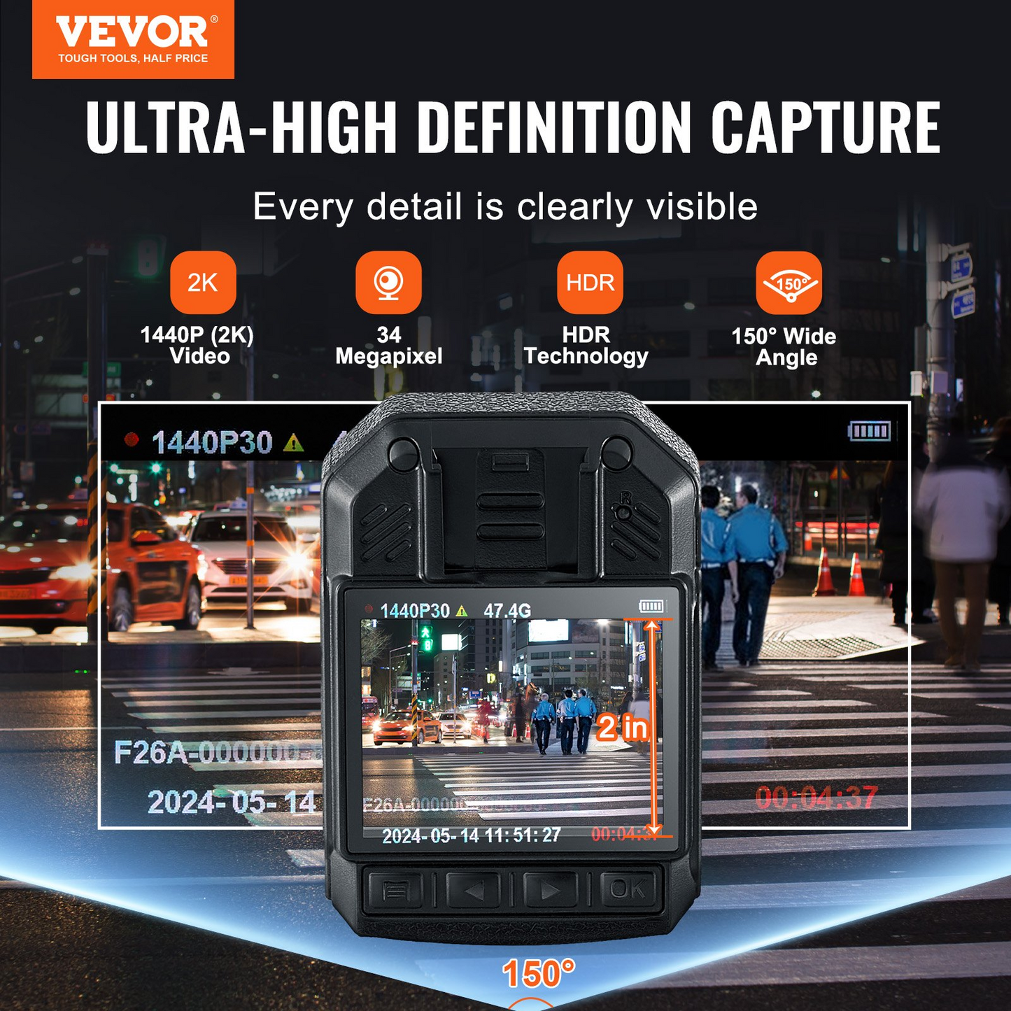 VEVOR 1440P HD Police Body Camera - High-Definition Body Cam with Audio Video Recording Picture, Built-in Battery, LCD, Night Vision - Law Enforcement Gear
