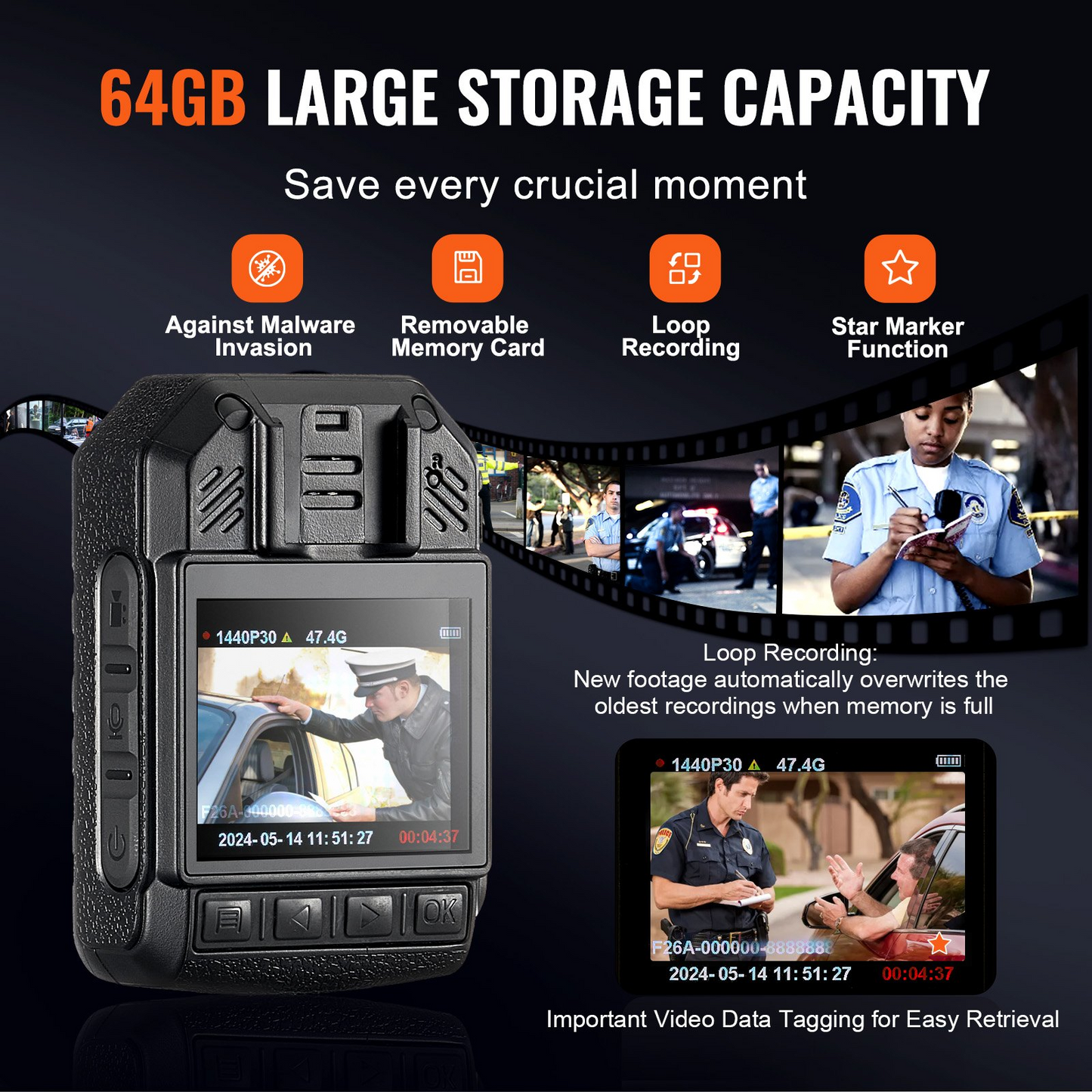 VEVOR 1440P HD Police Body Camera - High-Definition Body Cam with Audio Video Recording Picture, Built-in Battery, LCD, Night Vision - Law Enforcement Gear