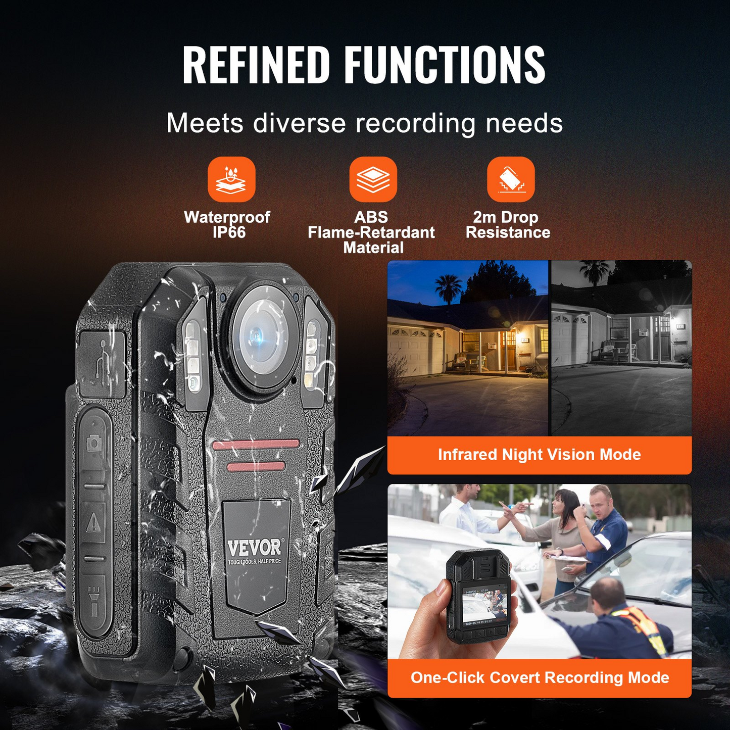 VEVOR 1440P HD Police Body Camera - High-Definition Body Cam with Audio Video Recording Picture, Built-in Battery, LCD, Night Vision - Law Enforcement Gear