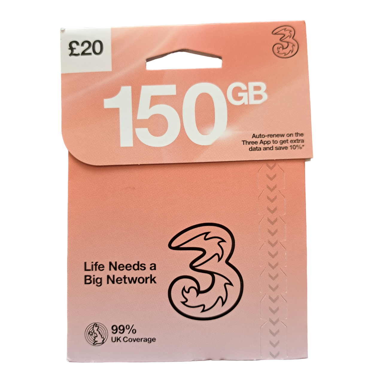 Three Pay As You Go Sim Card - £20