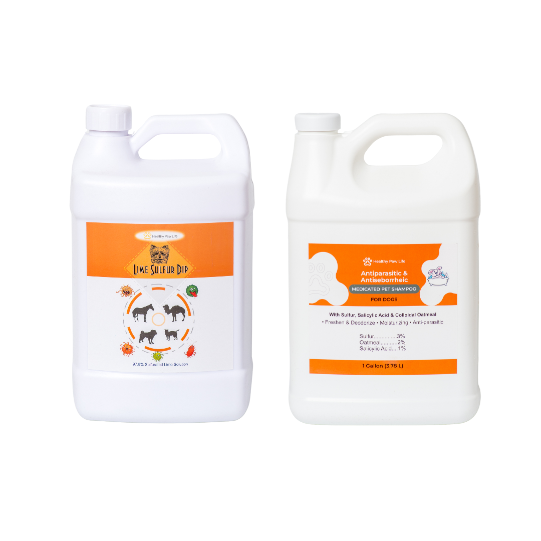 Healthy Paw Life Skin & Coat Care Combo - Lime Sulfur Dip 16 oz + Antiparasitic & Antiseborrheic Dog Shampoo 16 oz