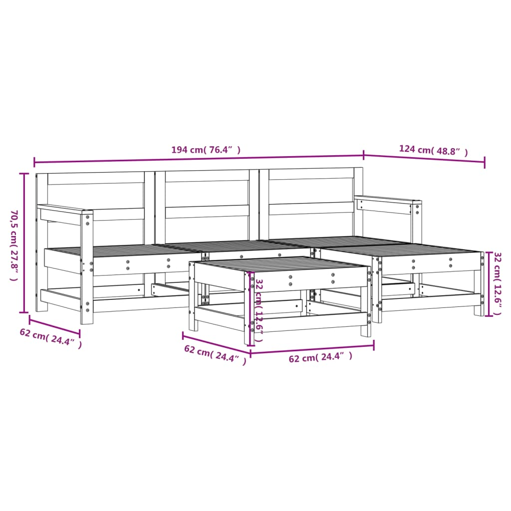 vidaXL 5 Piece Patio Lounge Set White Solid Wood Pine