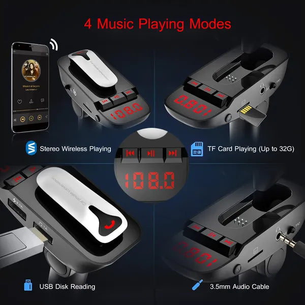Car FM Transmitter W/ Wireless Earpiece 2 USB Charge Ports Hands-free Call MP3 Player