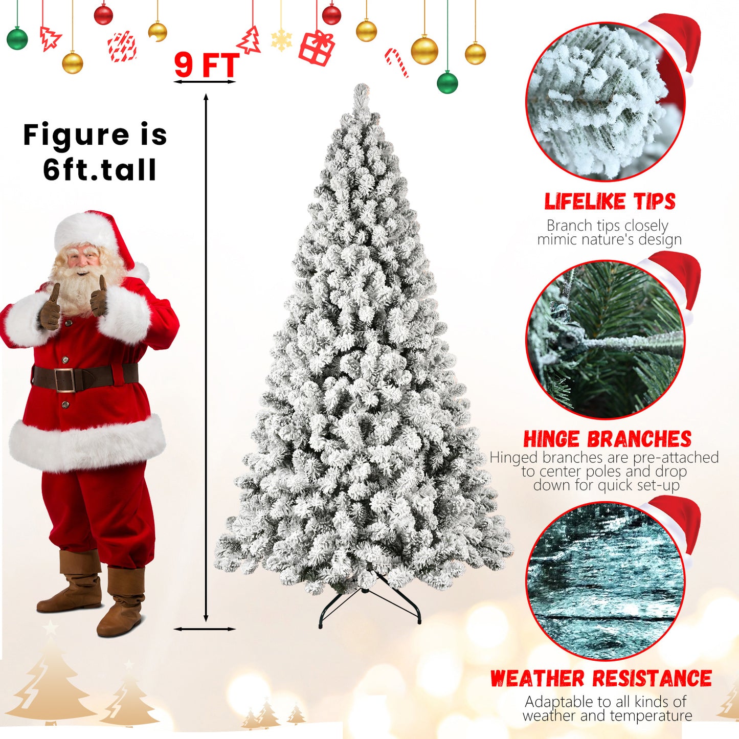5ft 6ft 8ft 9ft Pre-Lit Flocked Christmas Tree Hinged Artificial Xmas Trees Premium PVC Branches With Lights
